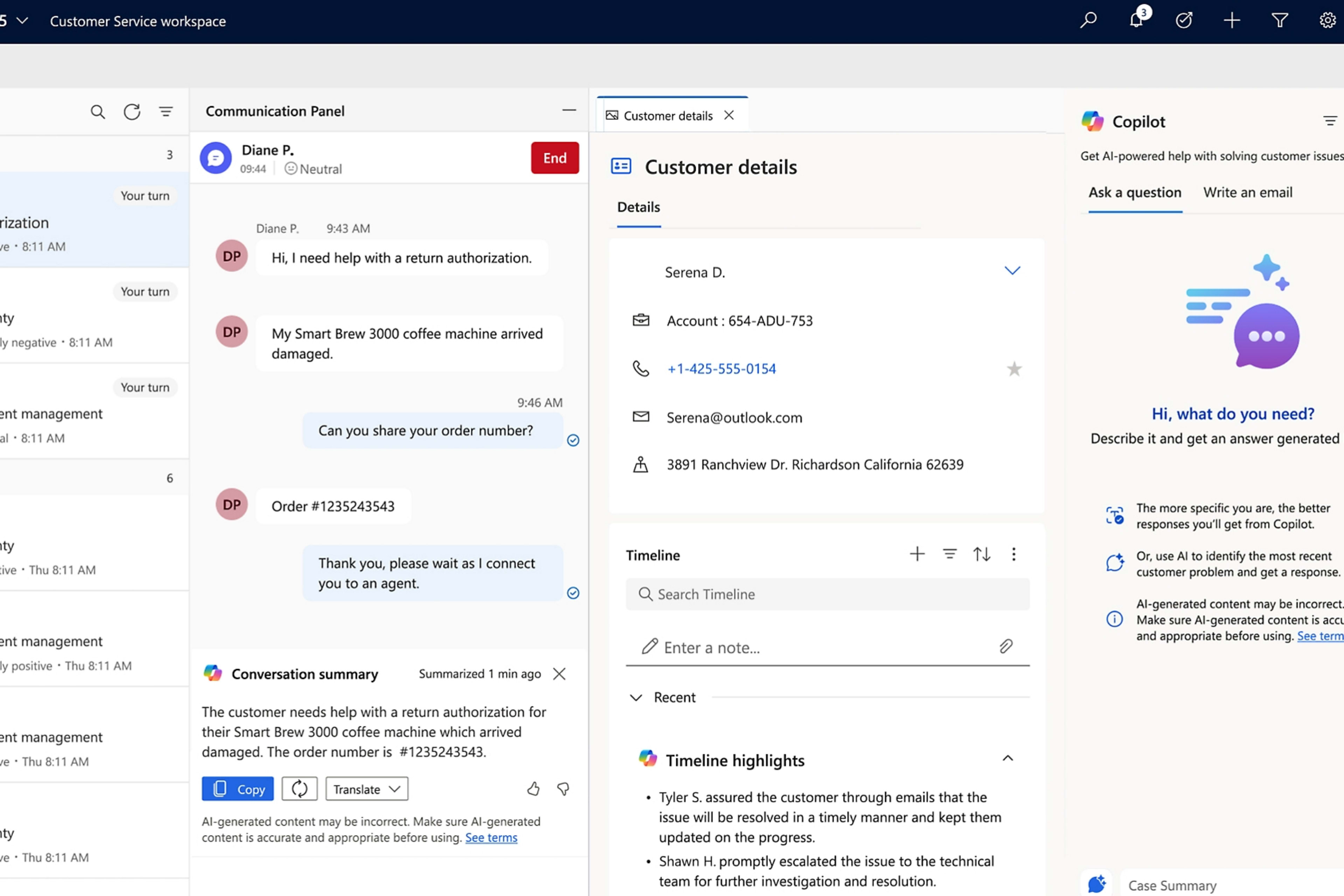 Dynamics 365 Customer Service workspace med agentens oppgaveliste, aktiv kundechat og Copilot-sidepanel.