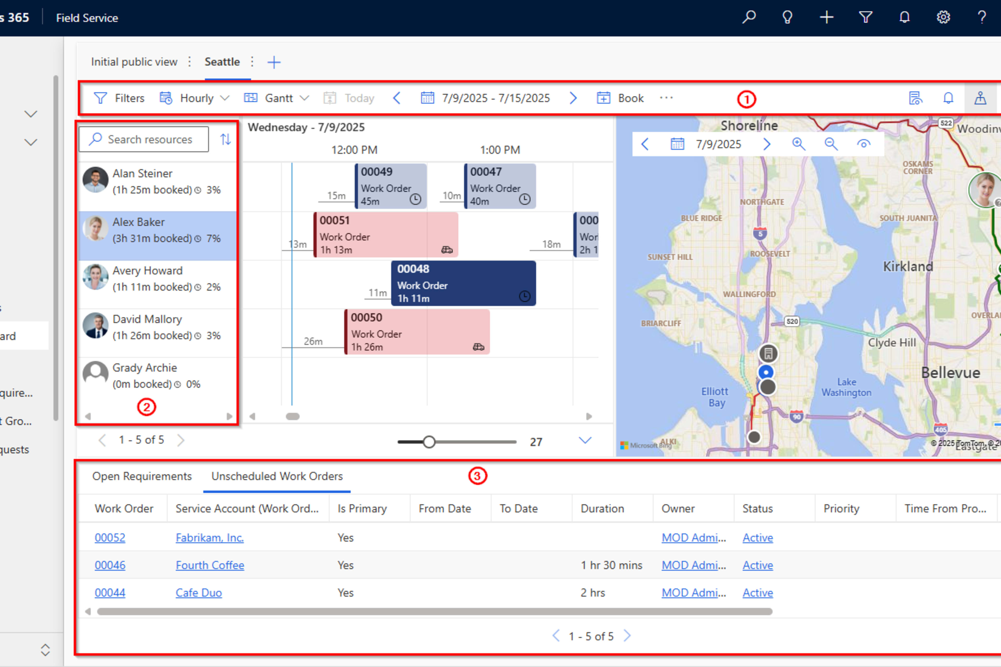 Dynamics 365 Field Service' planleggingstavle med ressursliste, bookinger på tidslinje og kart over teknikere.