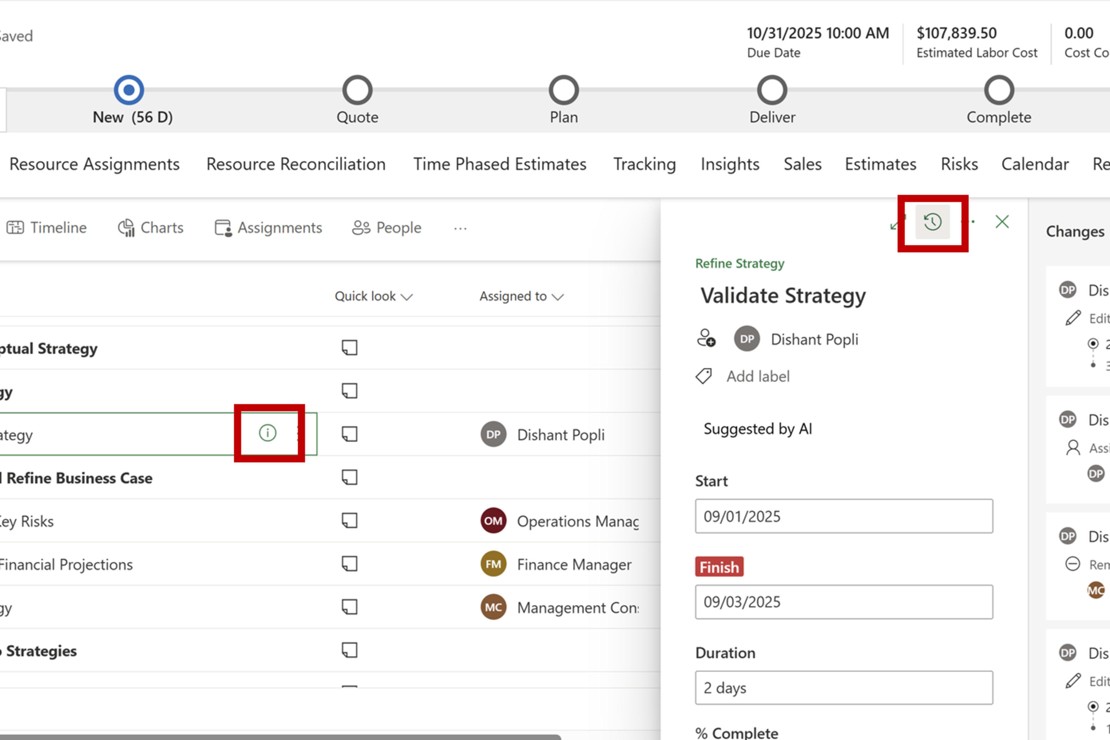 A project task grid showing task history with change details, including who made each edit and the previous and new values.