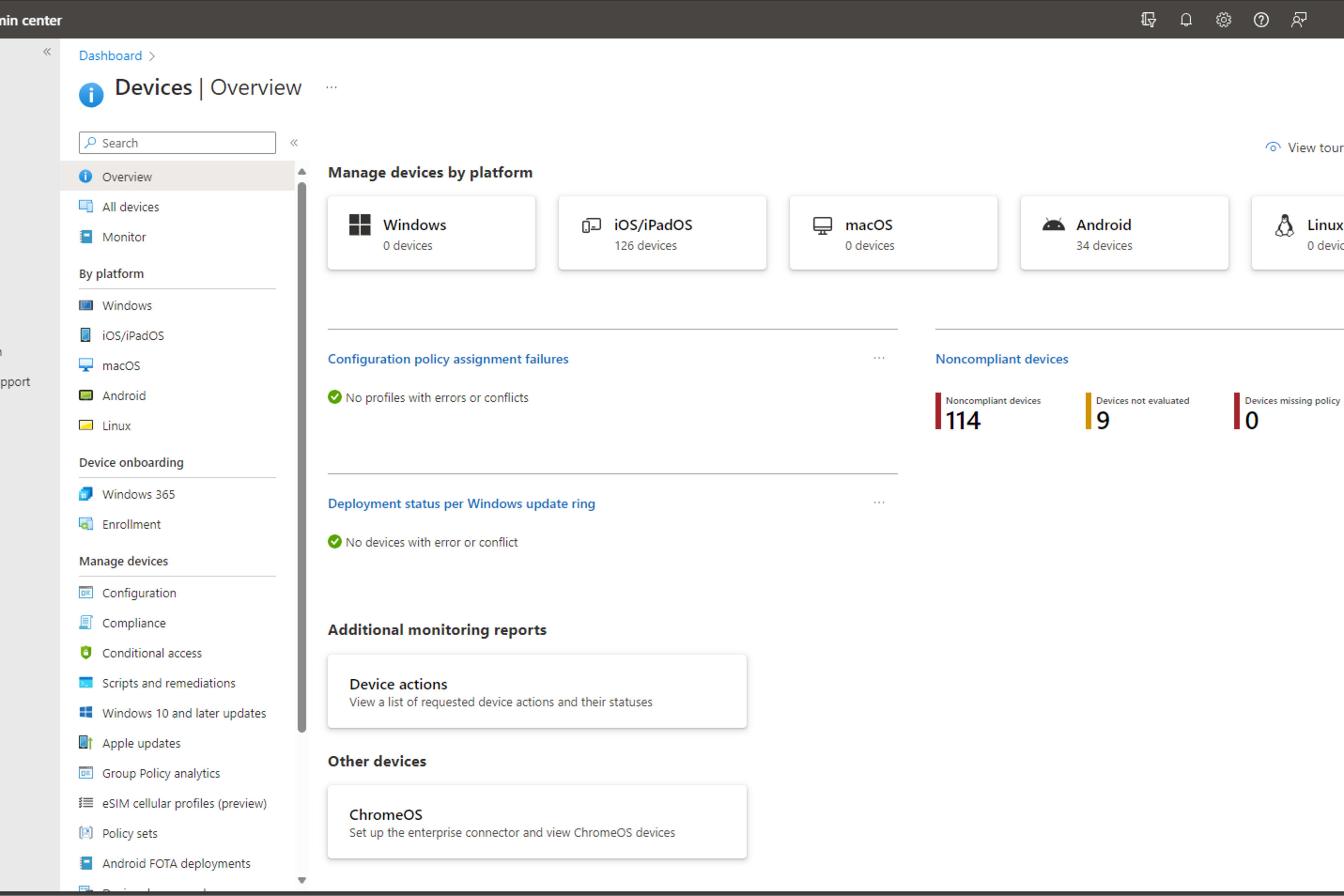 Enhetsoversikten i Microsoft Intune-administrasjonssenteret med enhetsplattformer og samsvarsstatus.