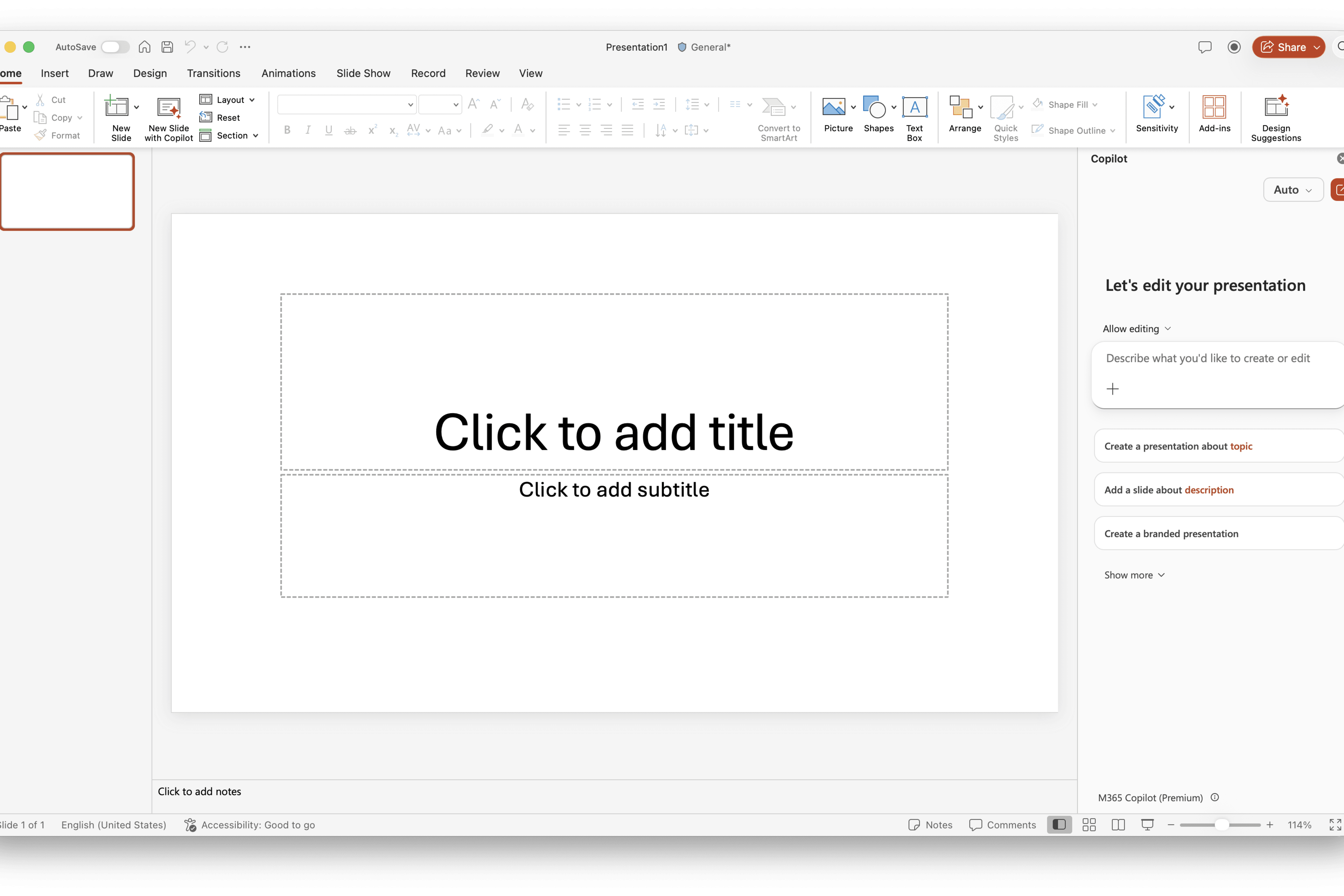 Copilot in PowerPoint showing the editing interface used to modify and refine a slide deck.