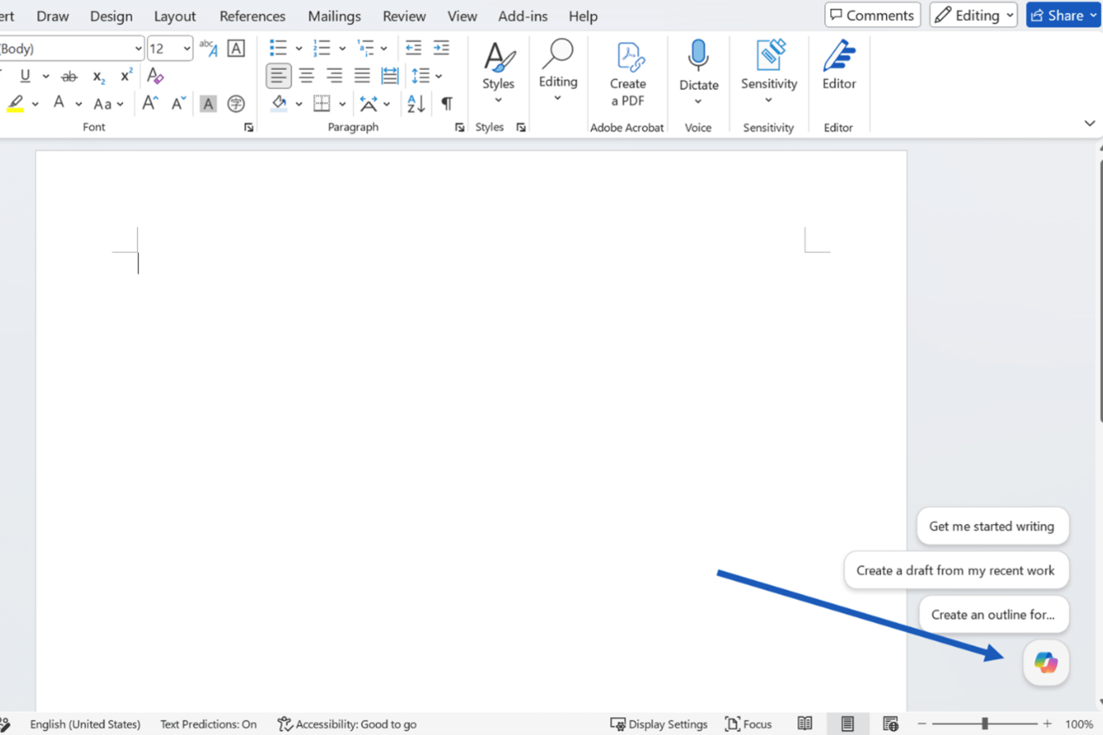 Copilot in Word showing the action button used to draft and rewrite content directly in a document.