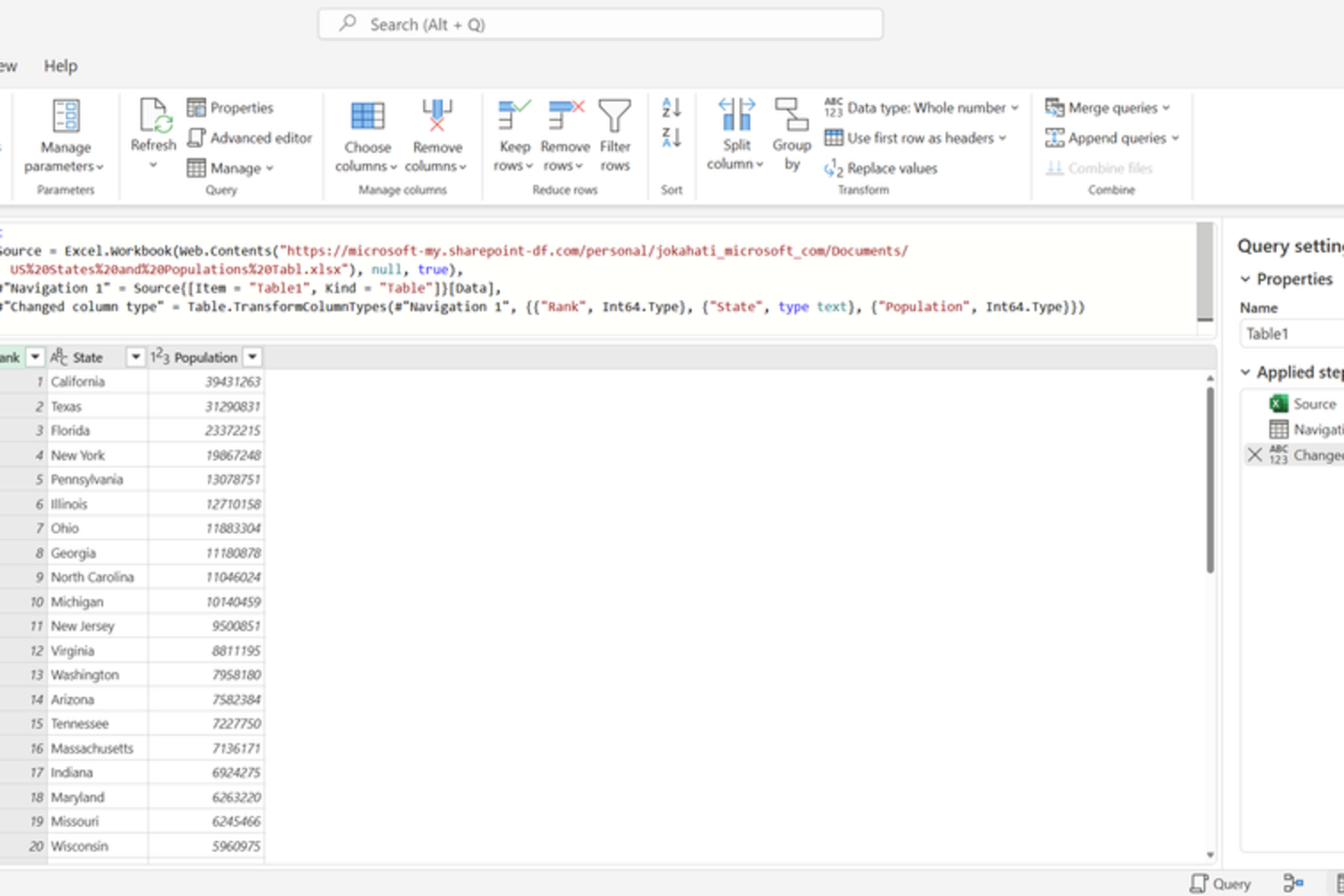 Den fullstendige Power Query-redigeringen åpnet i Excel på nettet.