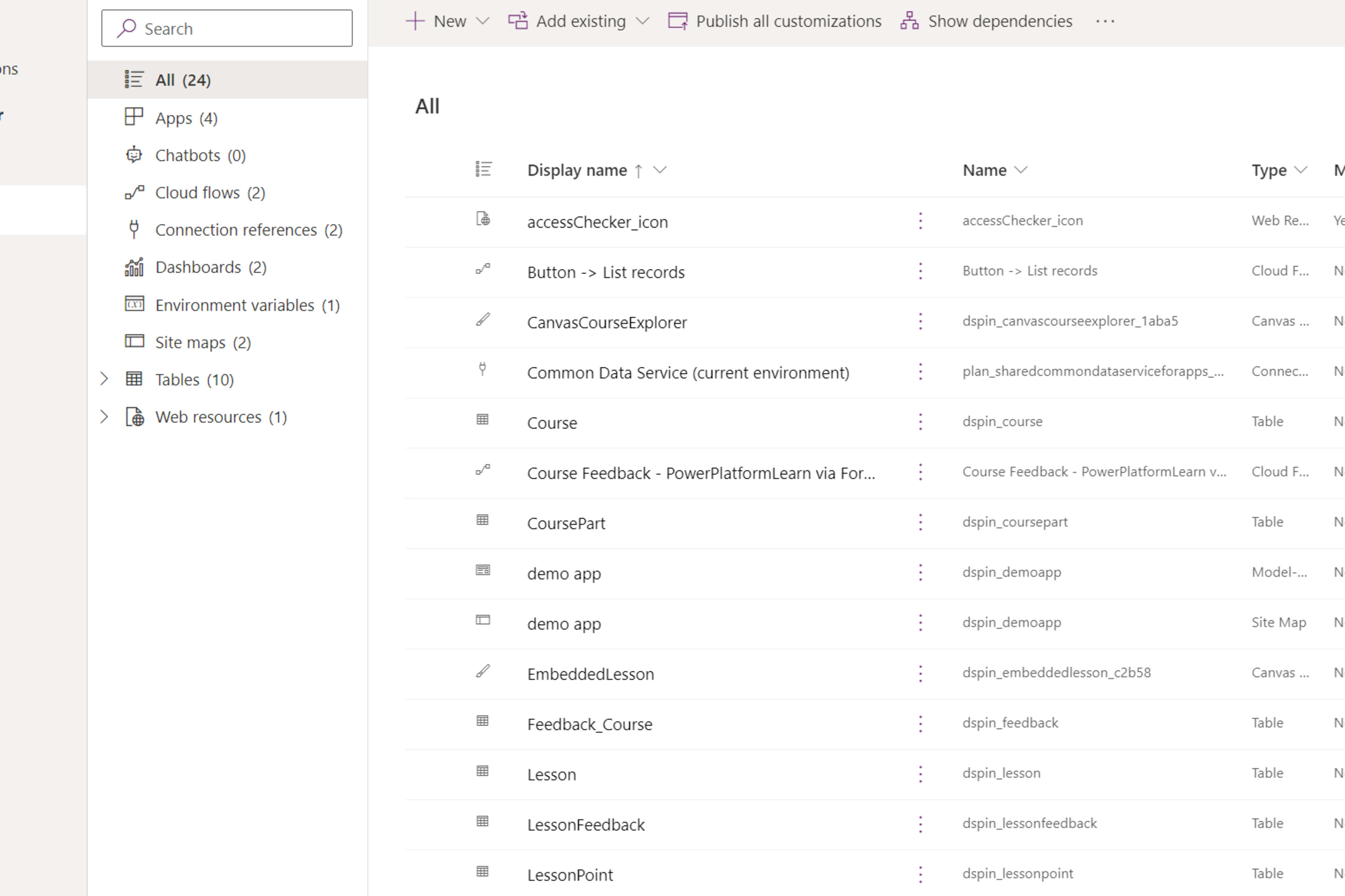 The Power Apps solution explorer listing the assets, such as tables and apps, packaged inside a solution.