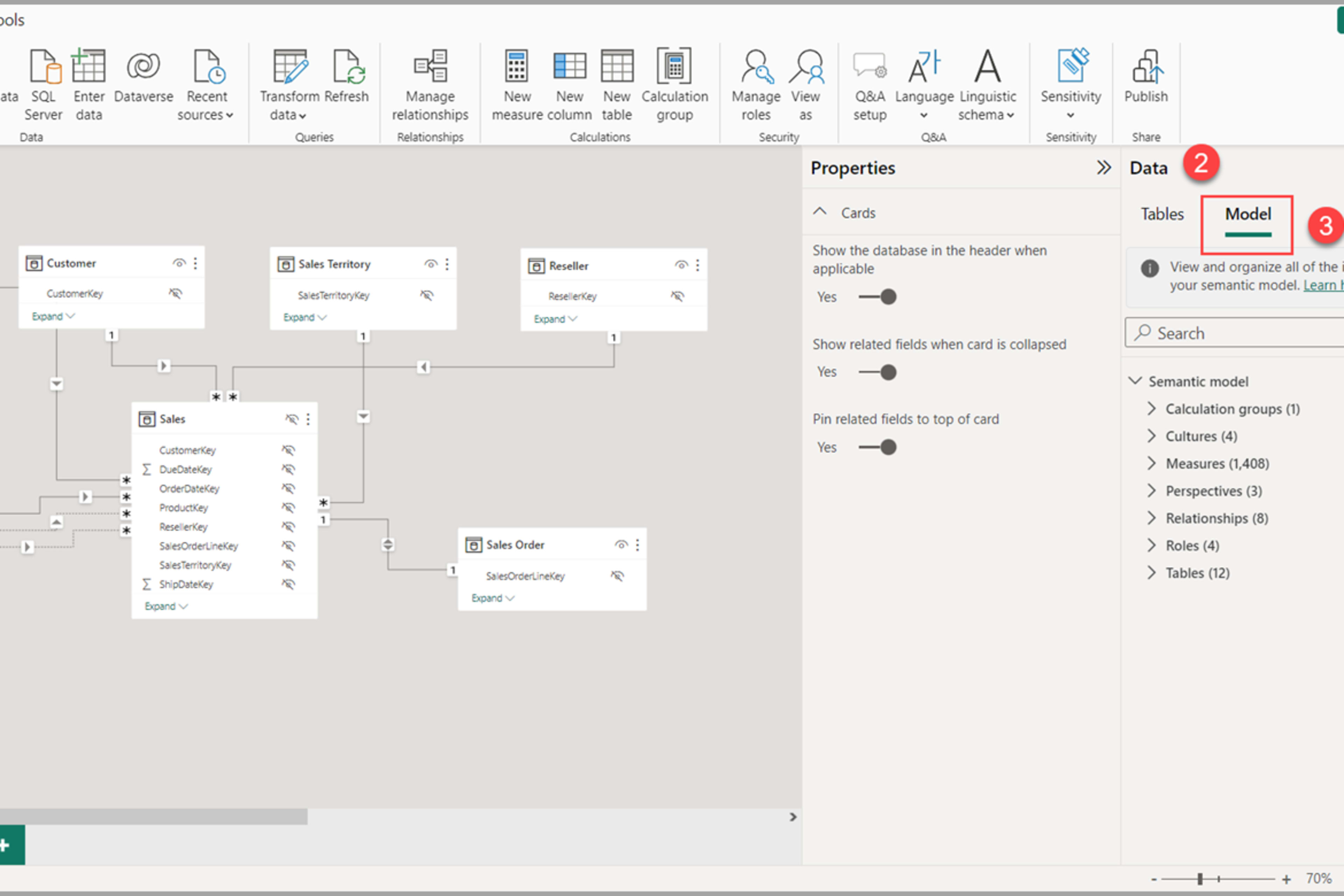 Modellvisning i Power BI Desktop som viser tabeller og relasjoner i et semantisk modelldiagram.