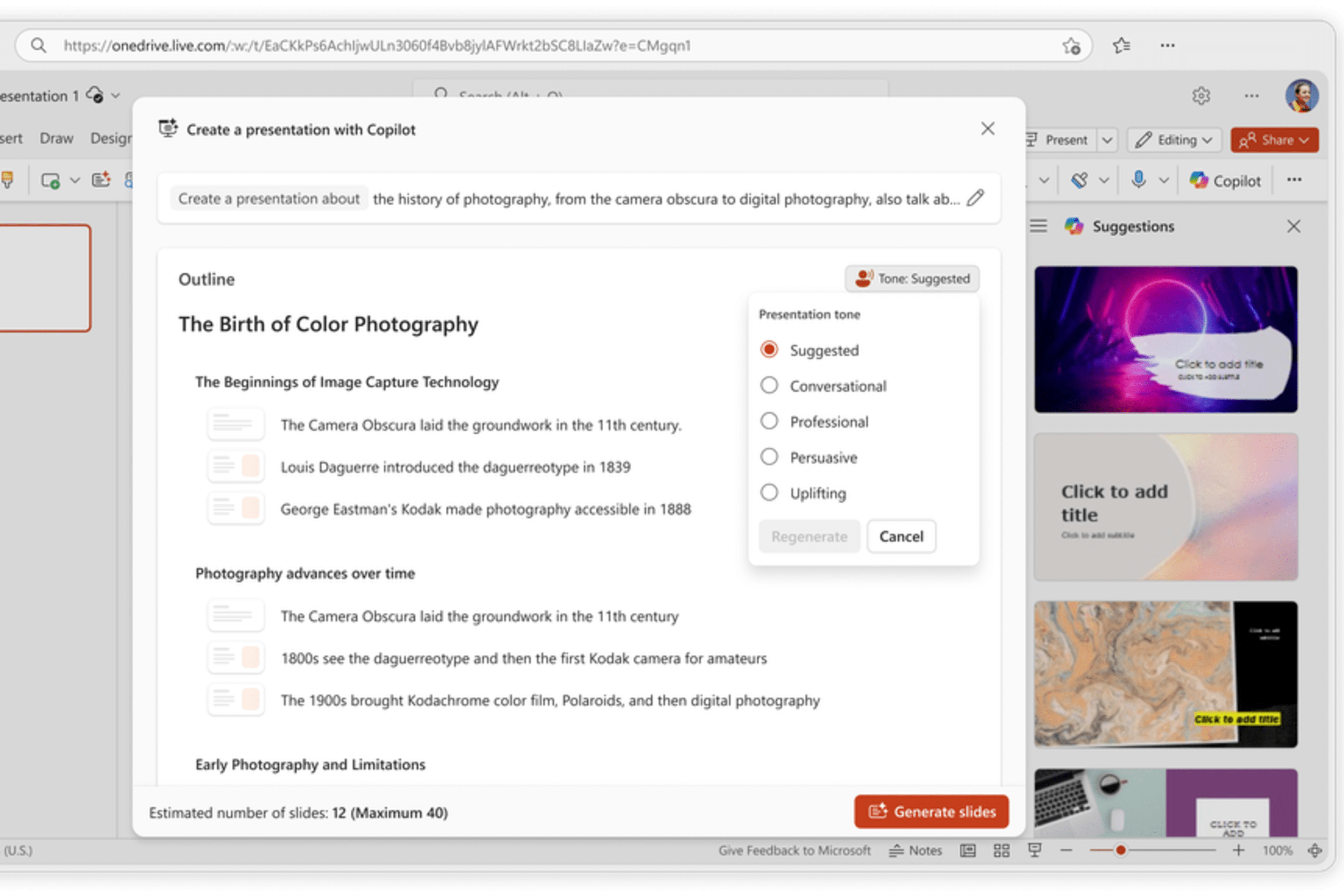 Copilot in PowerPoint generating a presentation with length, tone and style options.