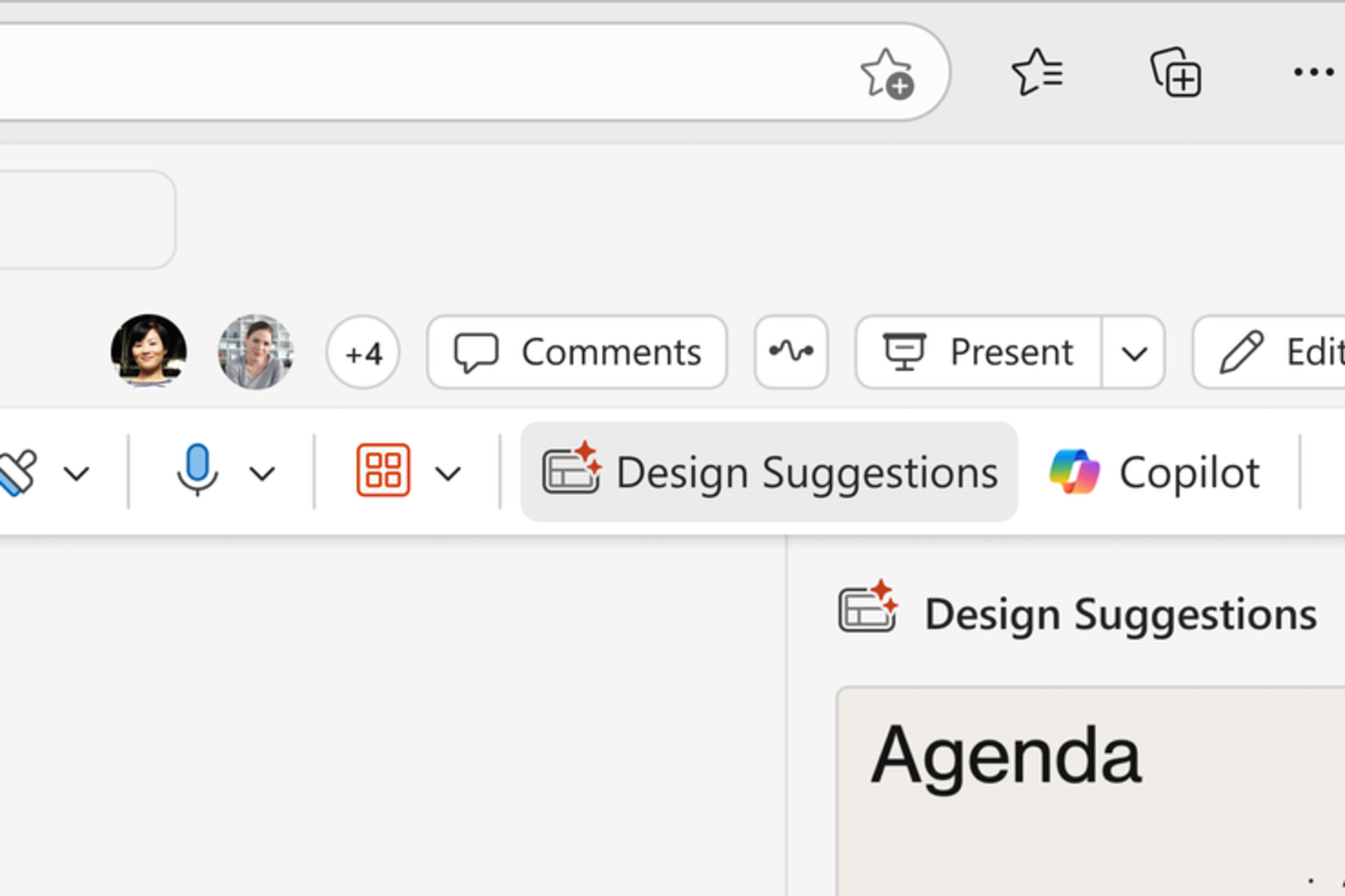 The Design Suggestions pane in PowerPoint combining Designer ideas with Copilot recommendations.