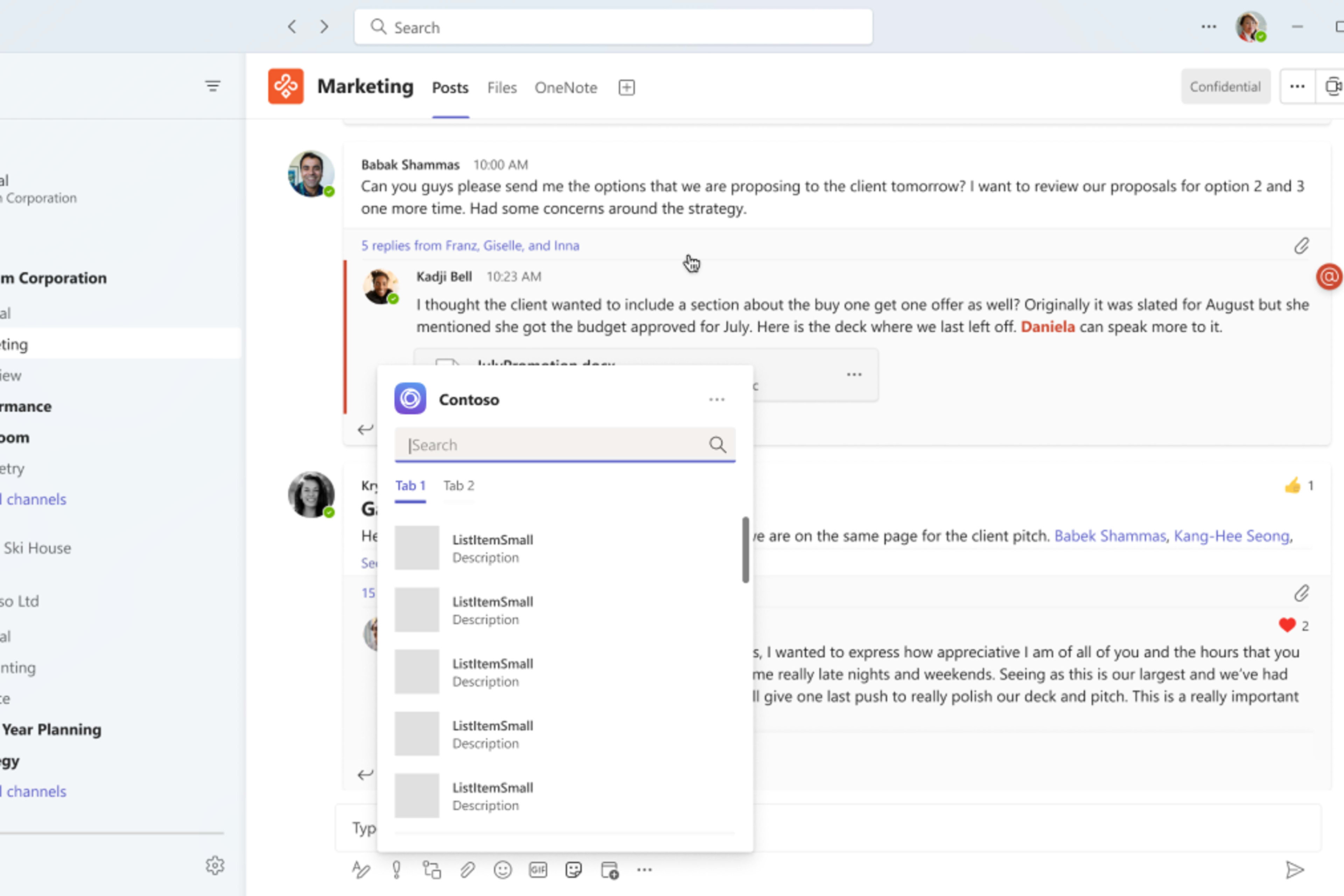 A message extension search dialog open in a Teams channel post compose box.