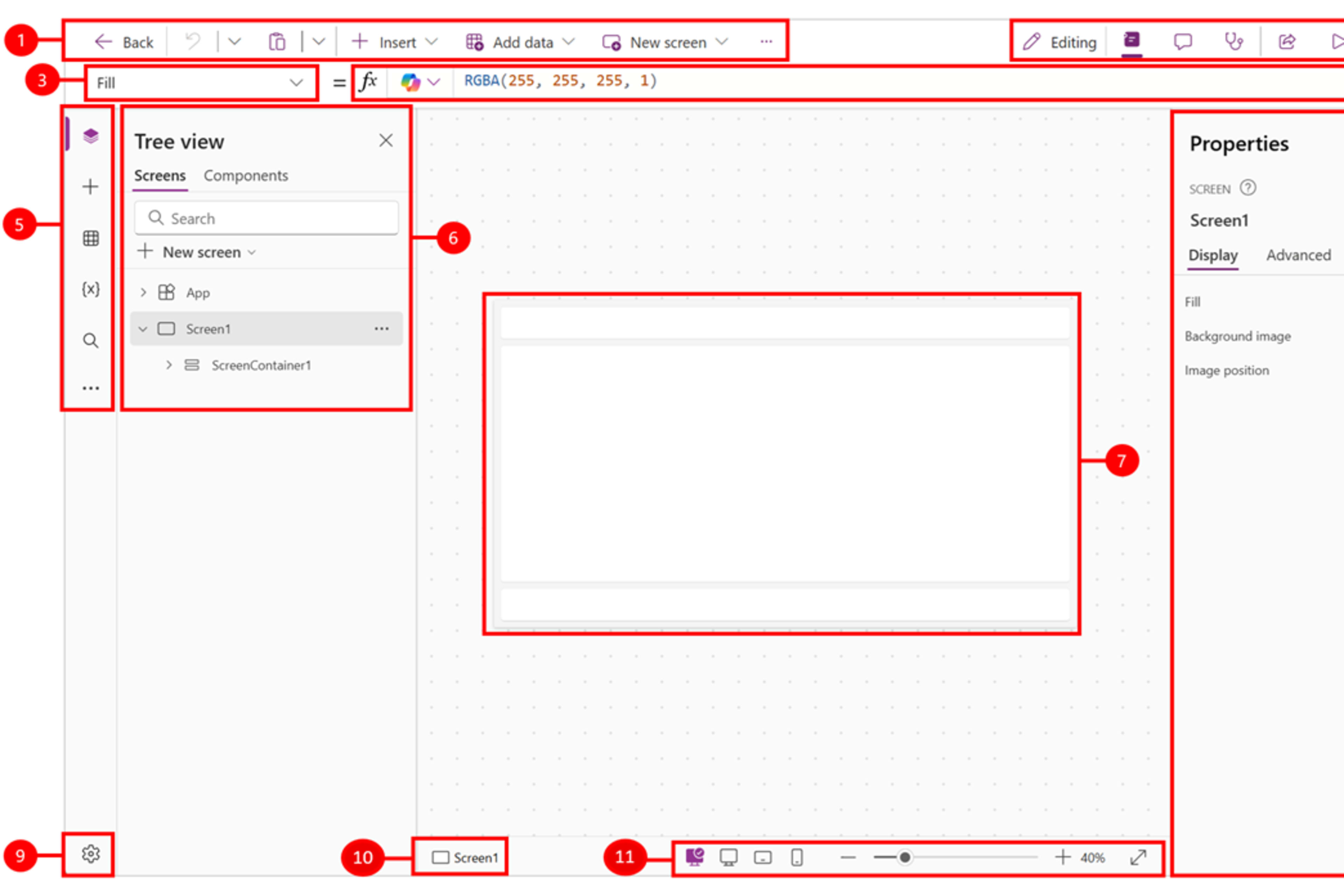 Power Apps Studio canvas-app editor with the command bar, properties pane, formula bar and app canvas.