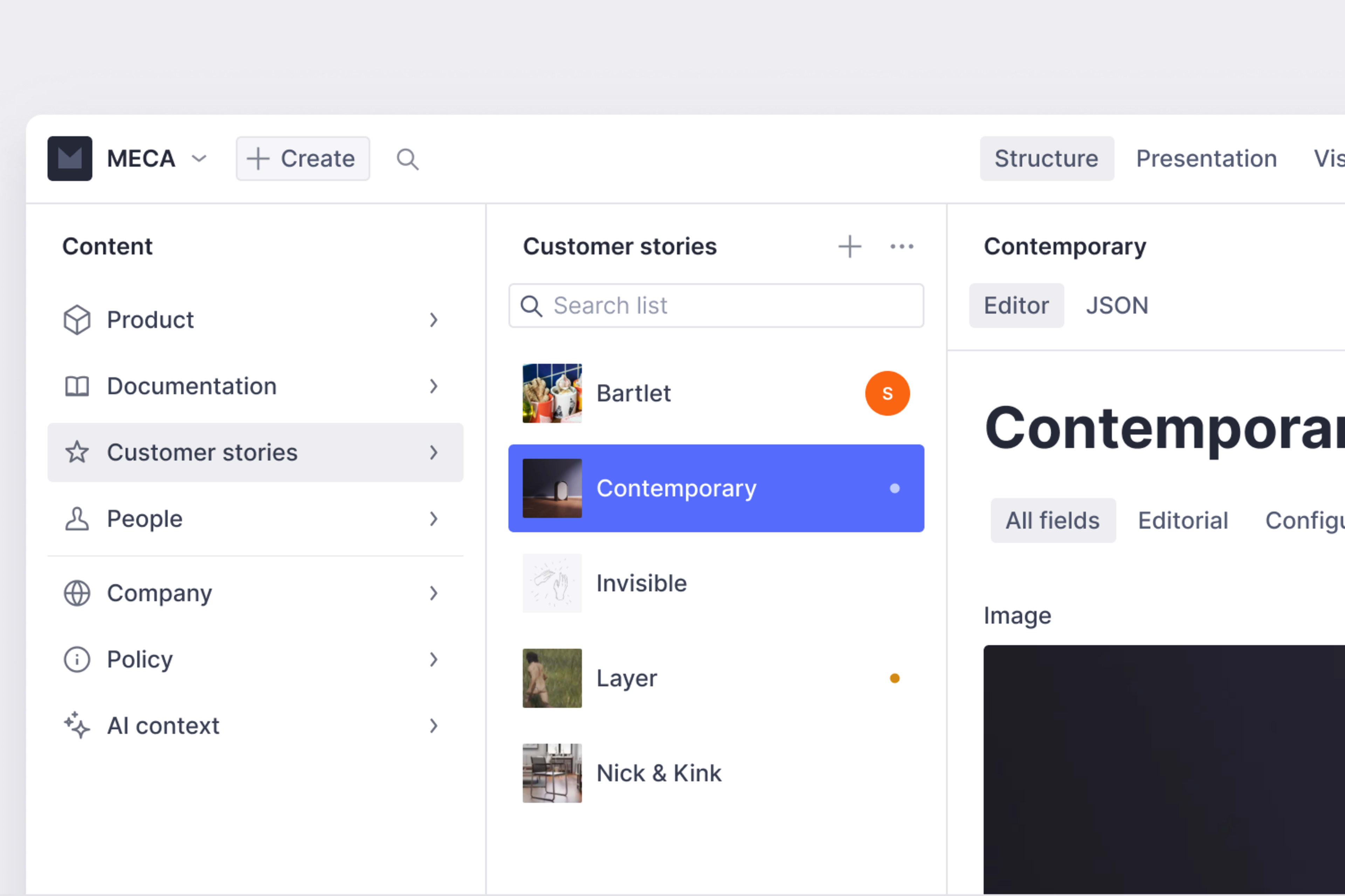 Sanity Studio document editor workspace showing a structured content form.