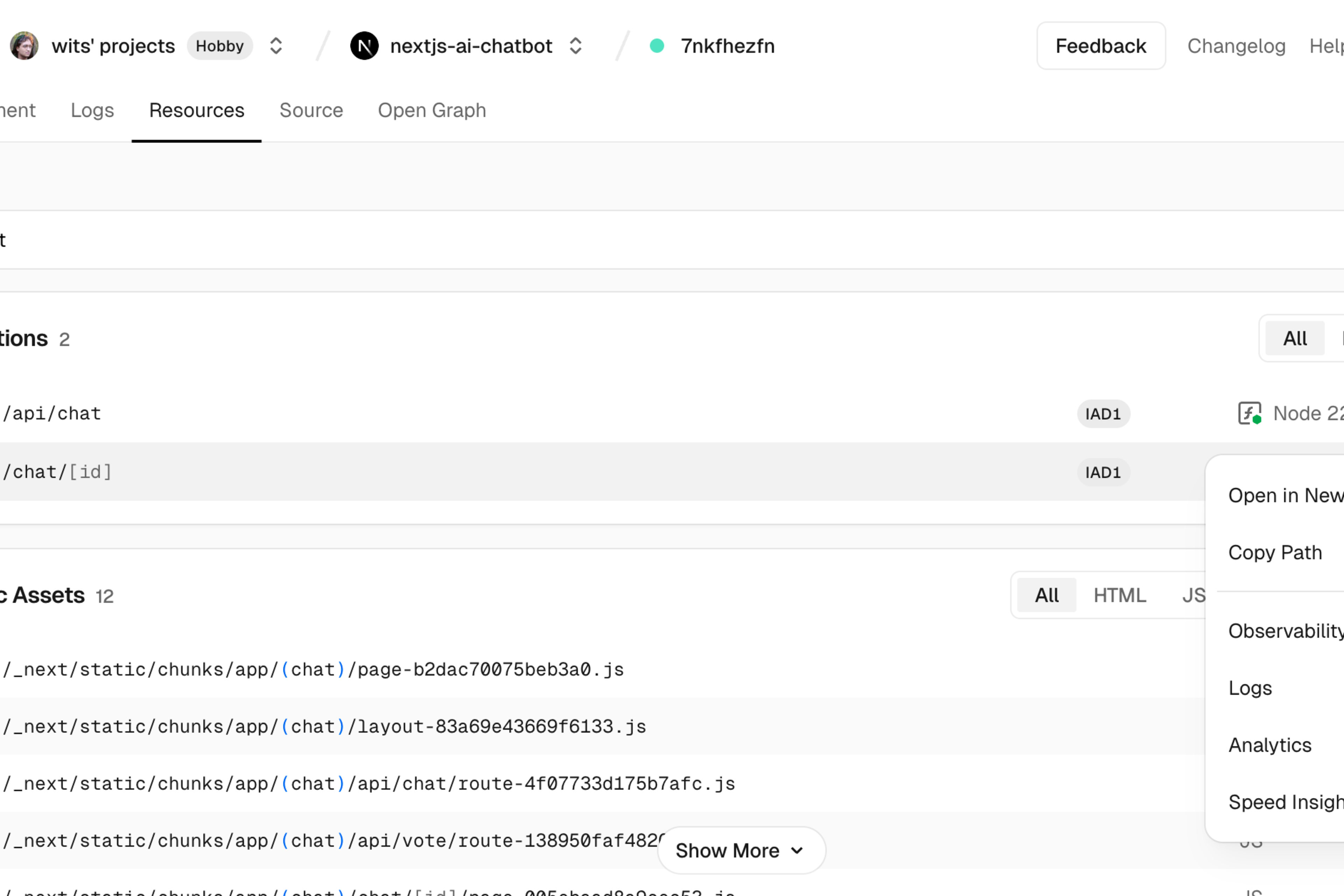 Vercel dashboard Resources tab listing functions, middleware and static assets for a deployment.