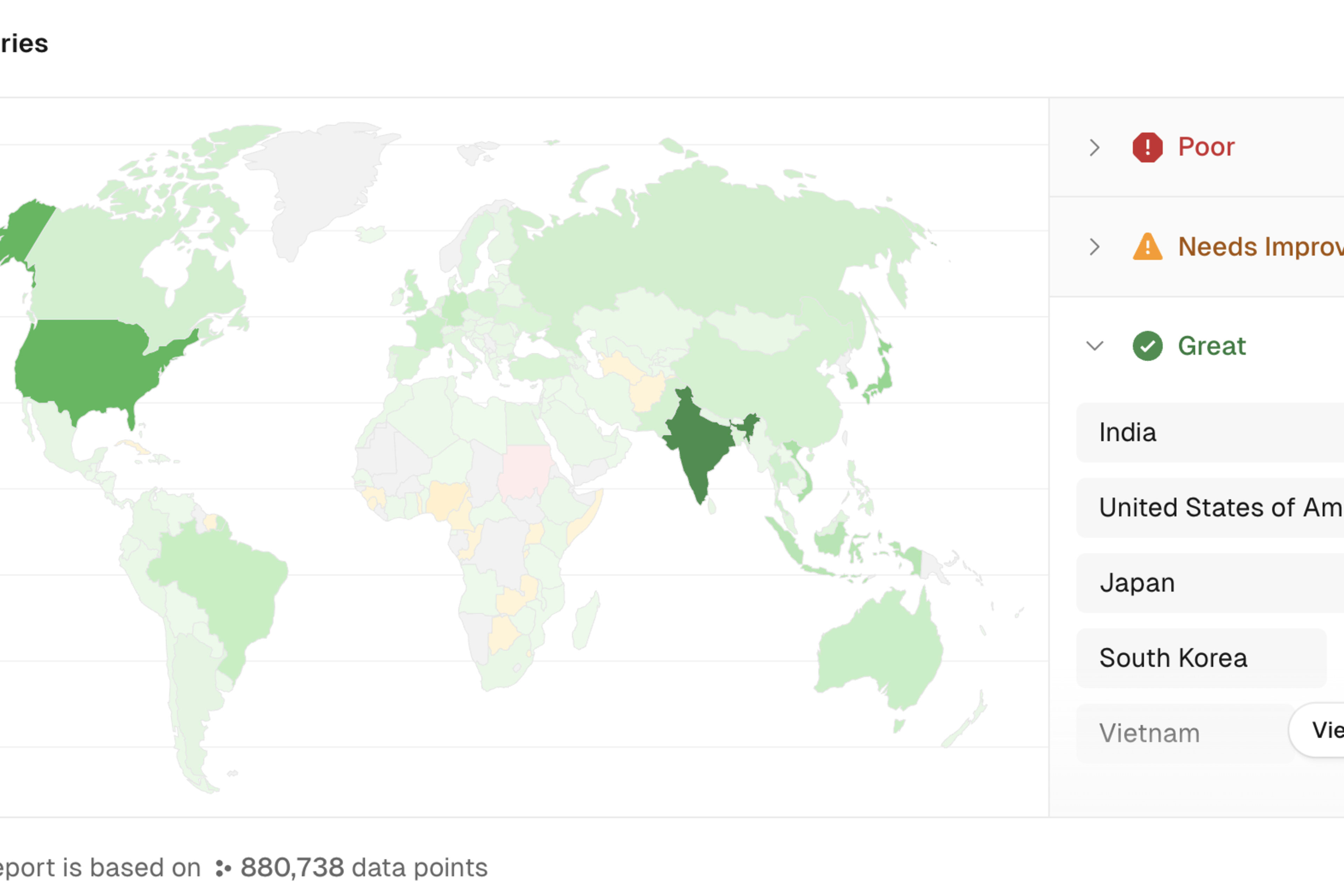 Vercel Speed Insights world map showing performance scores broken down by country.
