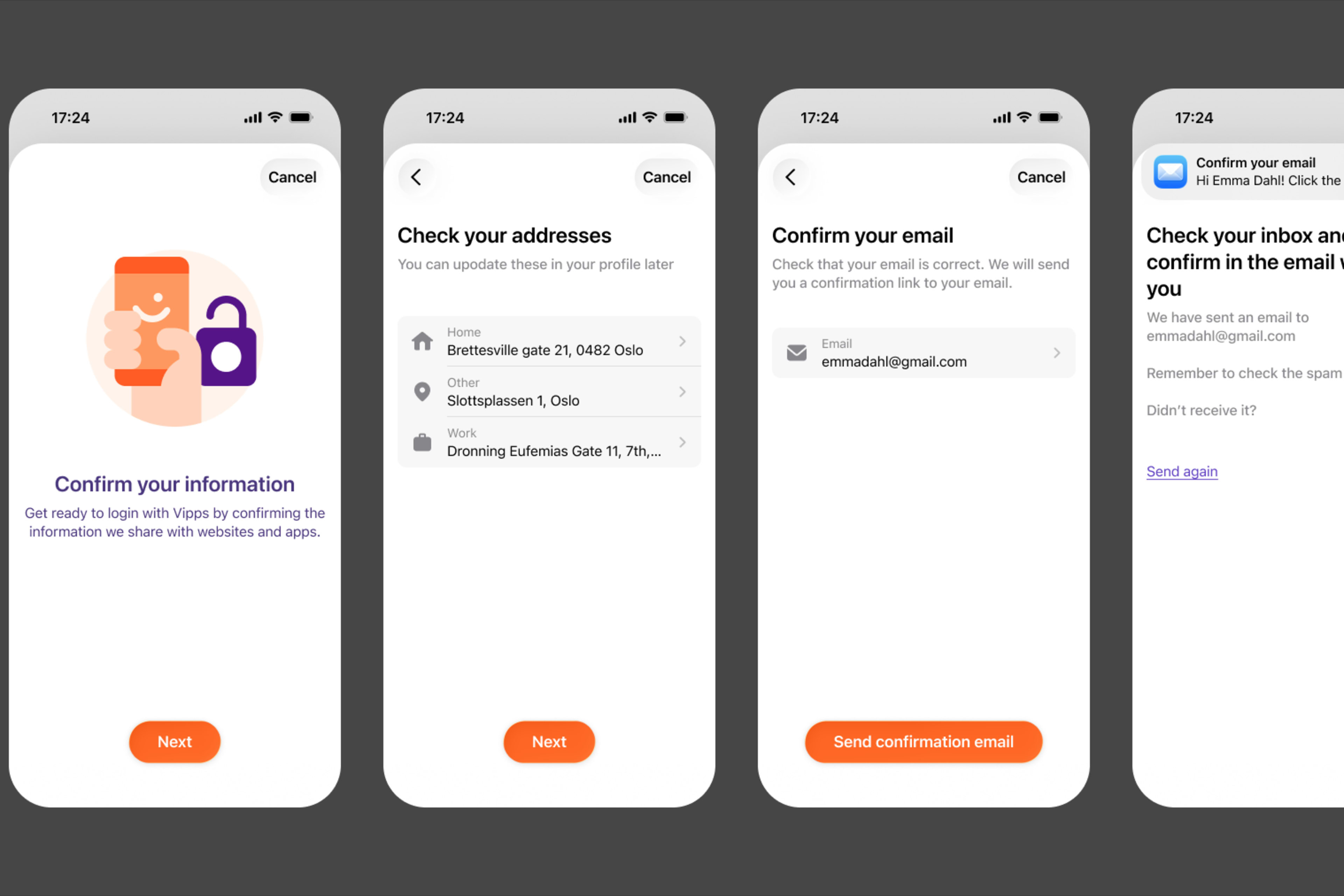 Vipps Logg inn: appskjermer for bekreftelse av delt informasjon, adresse og e-post.