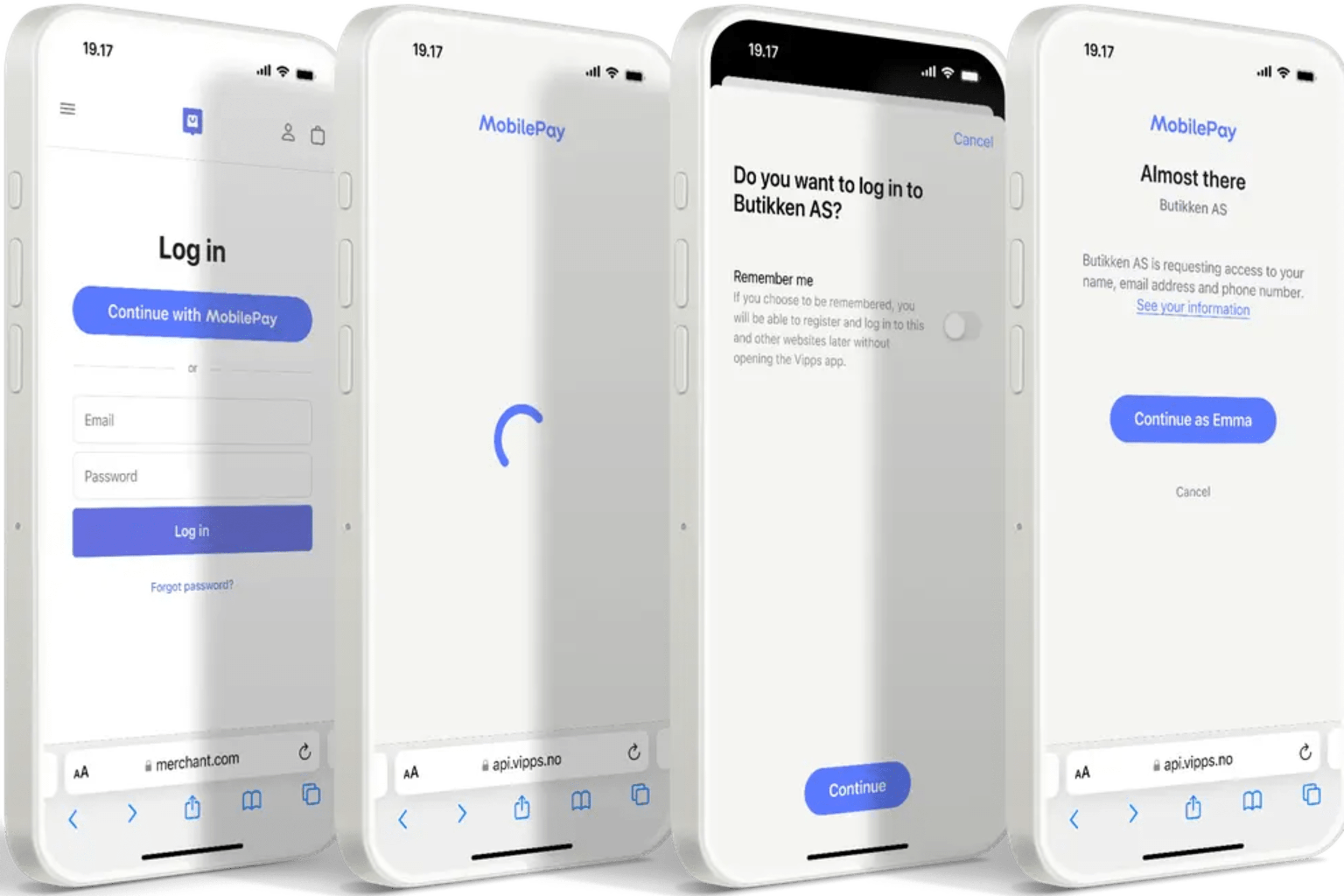 Vipps Logg inn-flyten på mobil med knapp i kassen, app-lasting, bekreftelse og samtykkeskjermer.