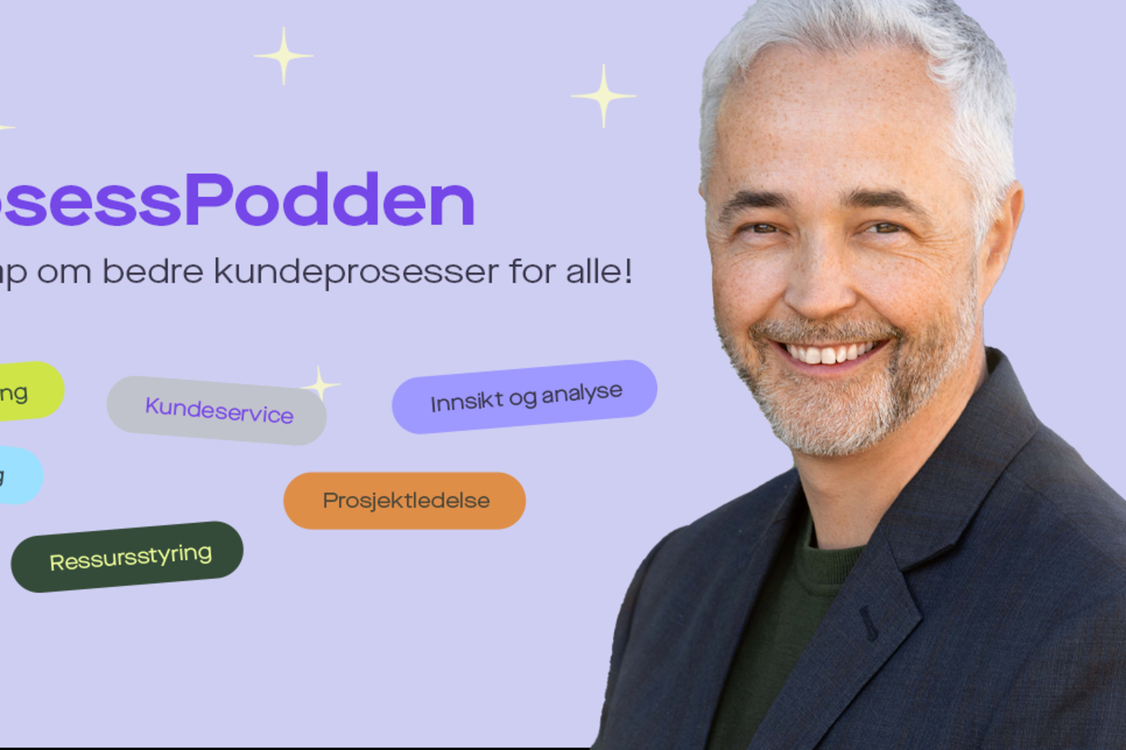 ProsessPodden-grafikk med programleder Frode Stenstrøm og temaknapper