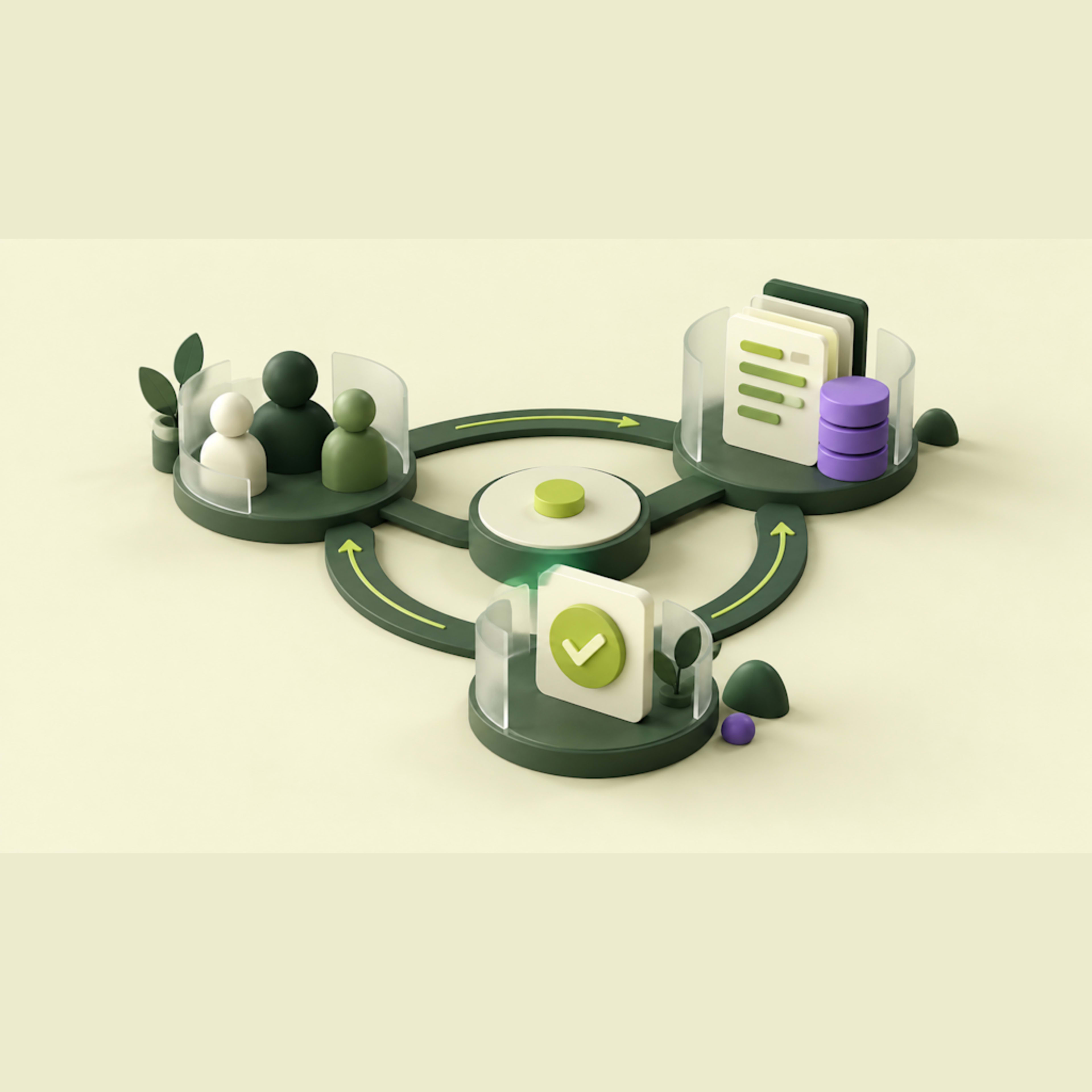 People, data and tasks connected in a workflow in cream and green.