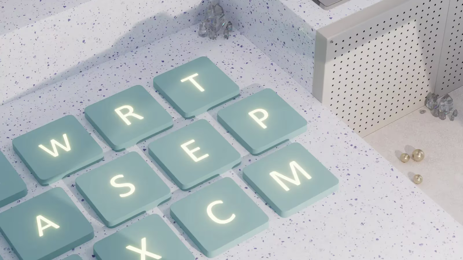 Abstract workspace illustration with keyboard keys and decorative elements