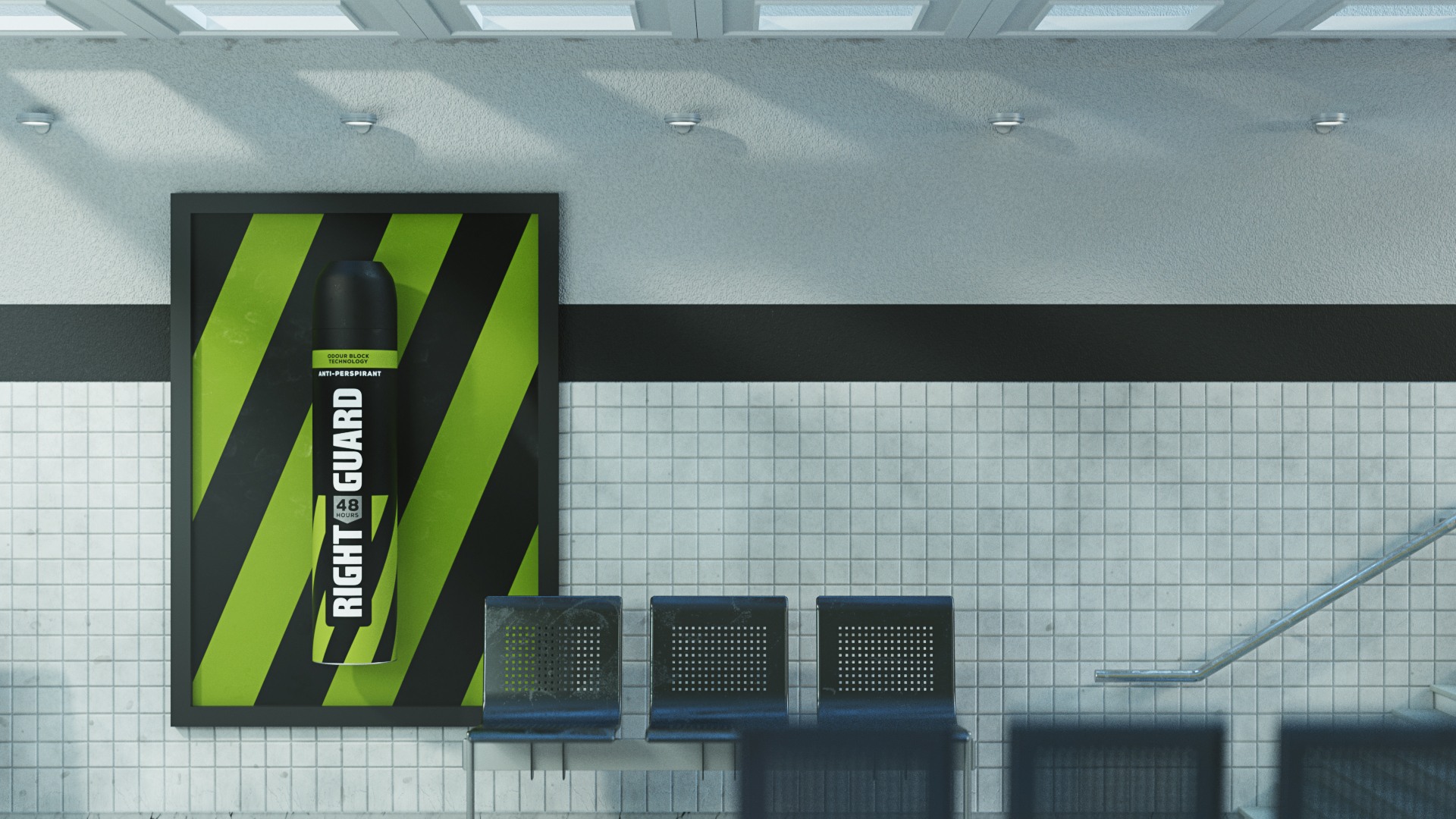 3D Right Guard deodorant can on poster with seats next to it