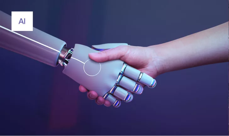 imagen de mano de robot y mano humana dándose un apretón de manos