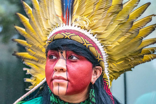 O rosto de uma mulher, com pinturas e usando um cocar.