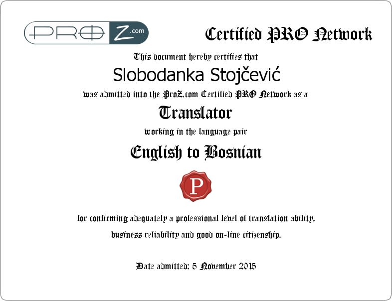 Pro Certificate English to Bosnian