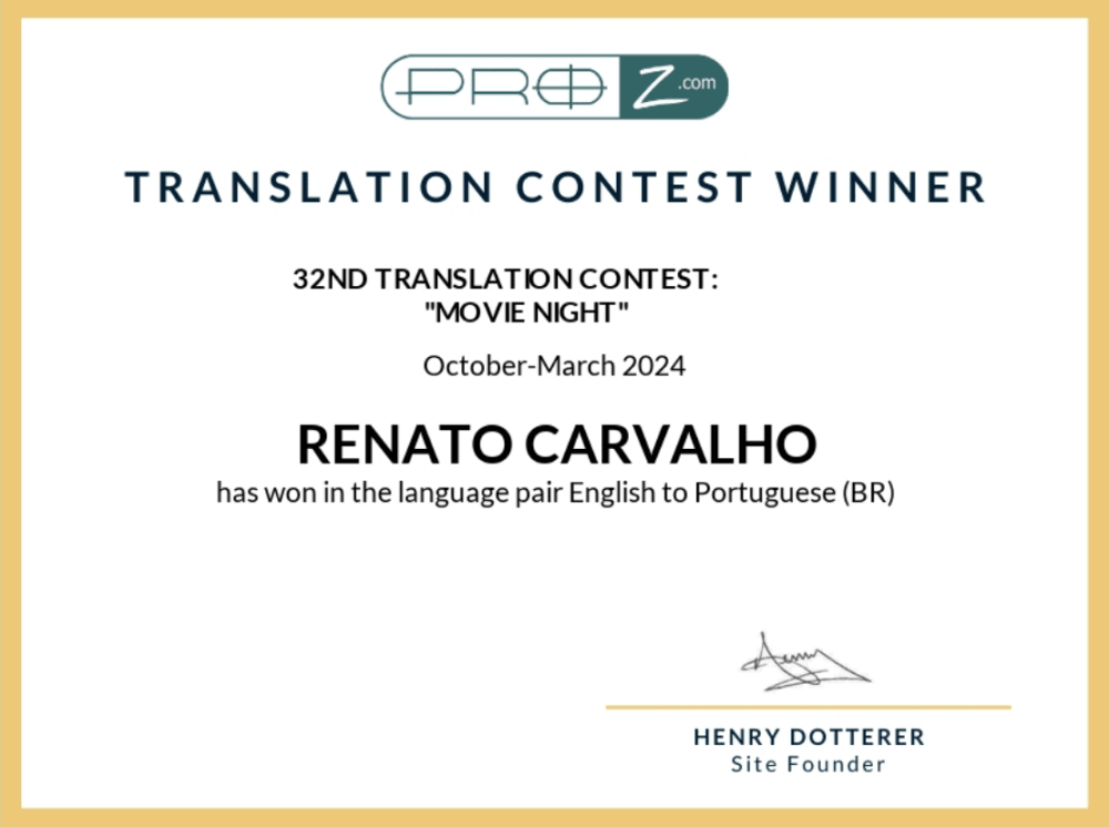 Winner of the 32nd ProZ Translation Contest: “Movie Night” Certificate