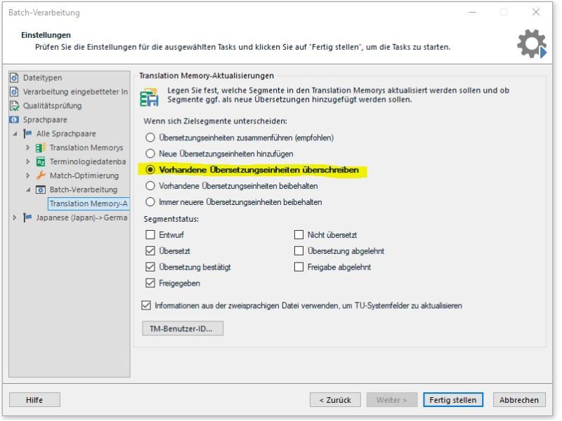 TM settings wenn batch processing