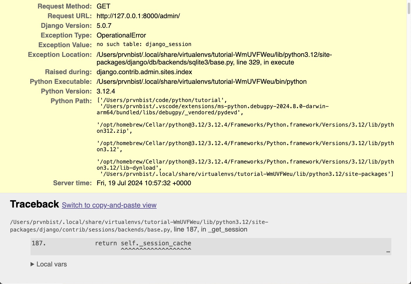 Admin Panel Error Screen