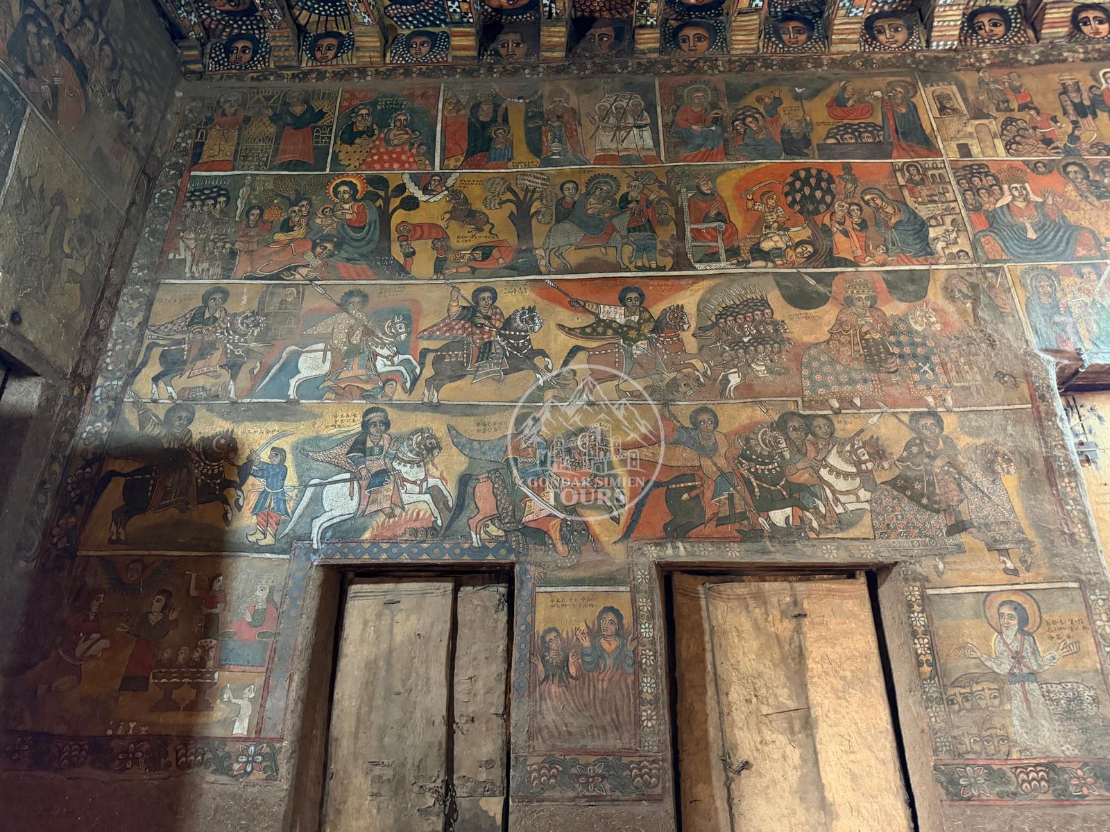 Painted religious murals inside Debre Berhan Selassie church in Gondar