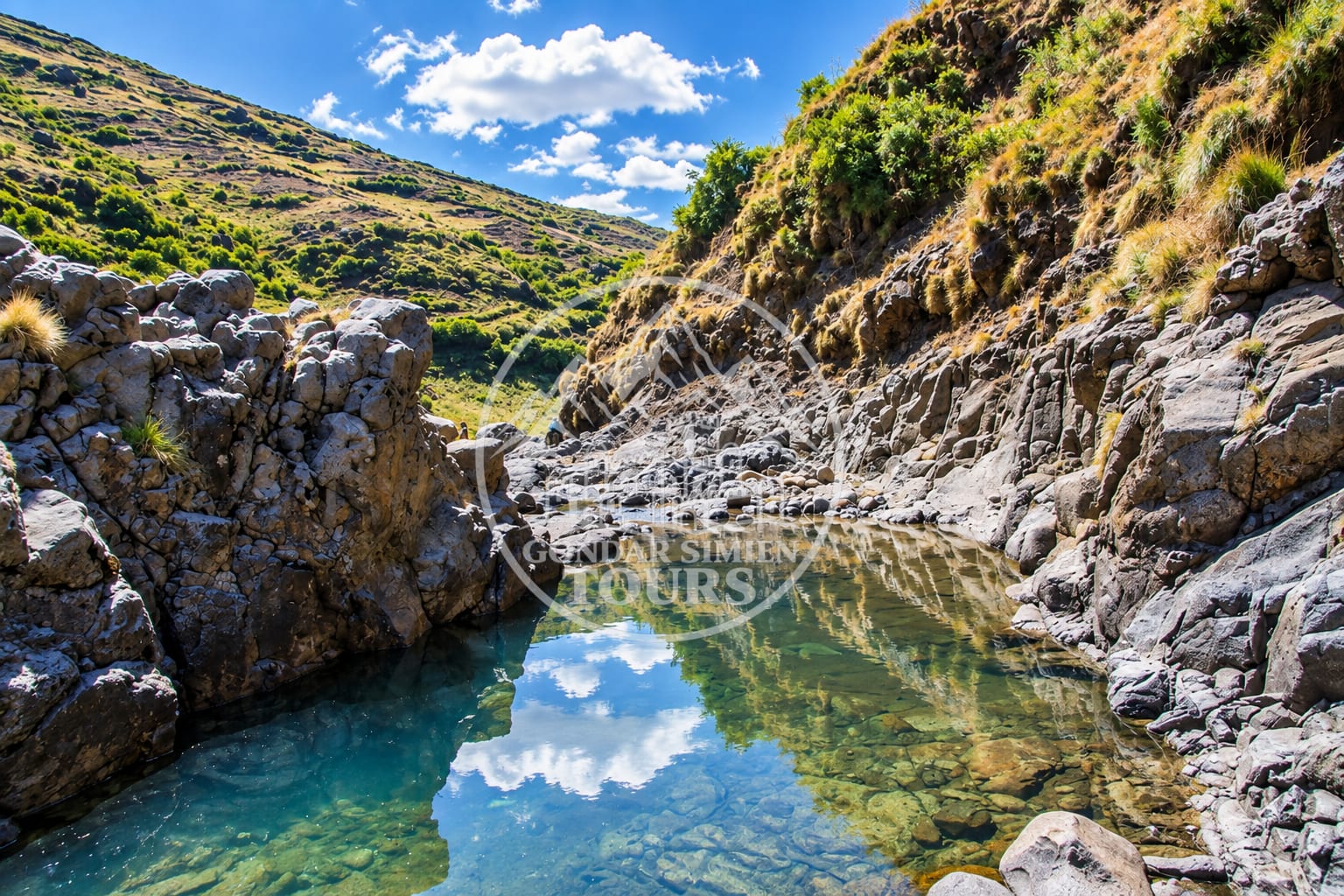 Ein klares Becken zwischen Felsen entlang des Incya-Flusskorridors
