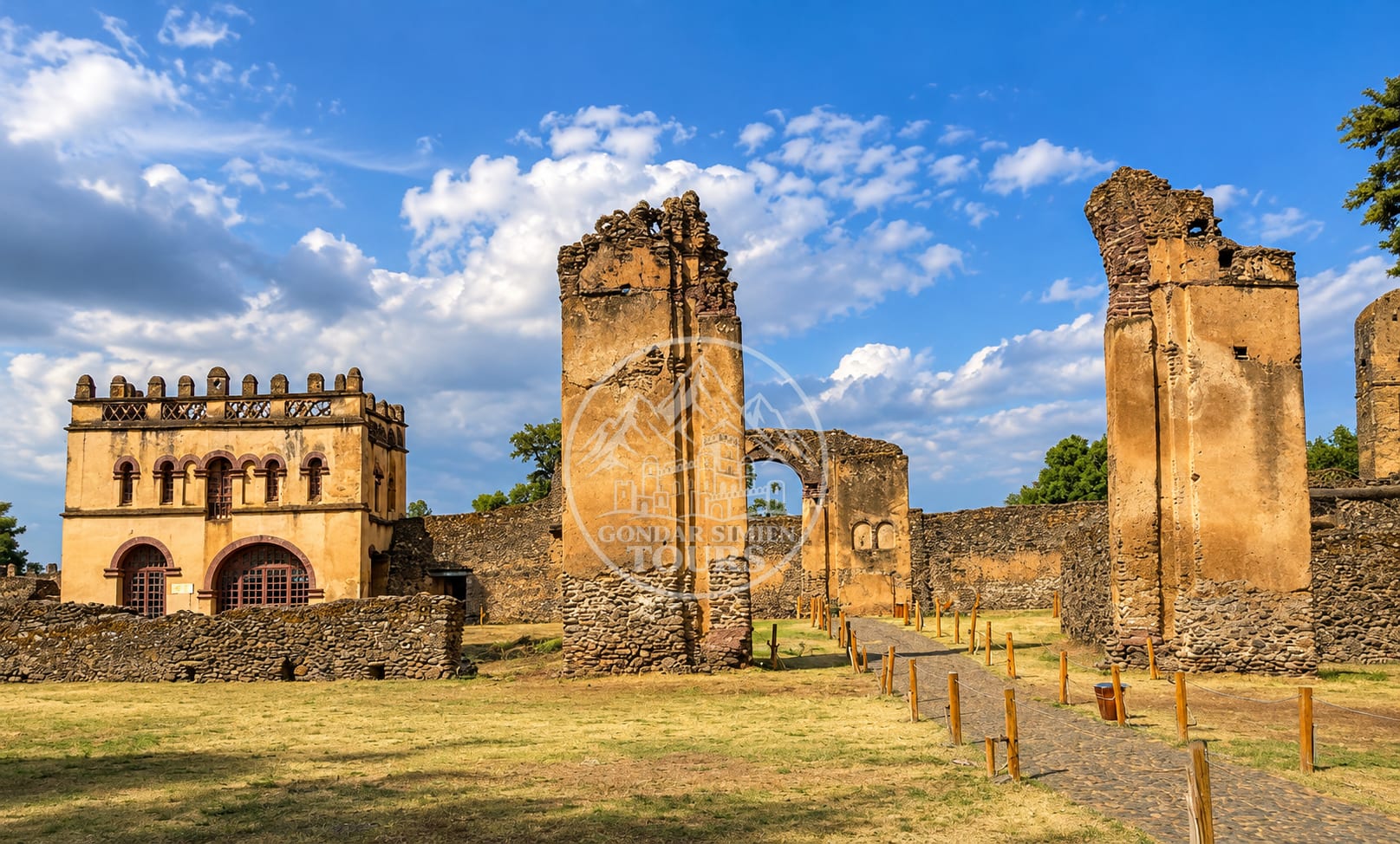 Historic stone buildings and ruins in Gondar