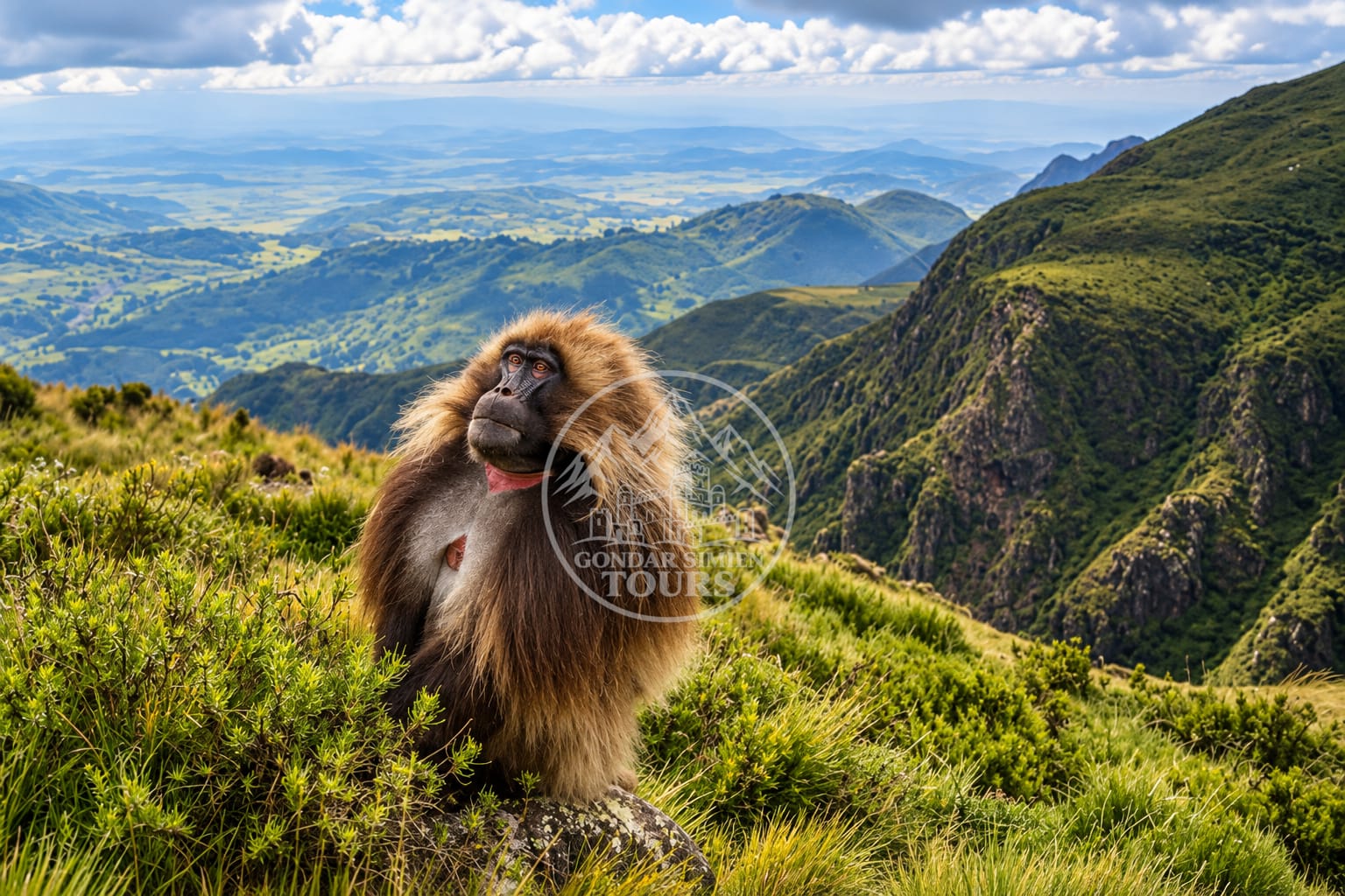 A gelada sitting above green valleys in the Simien Mountains