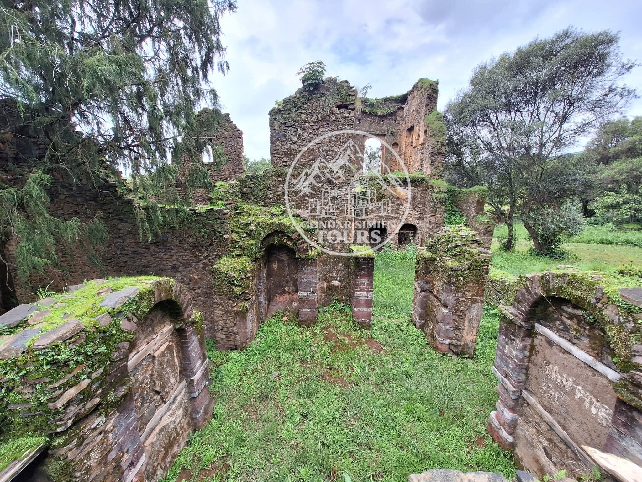 Weathered stone ruins surrounded by grass and trees