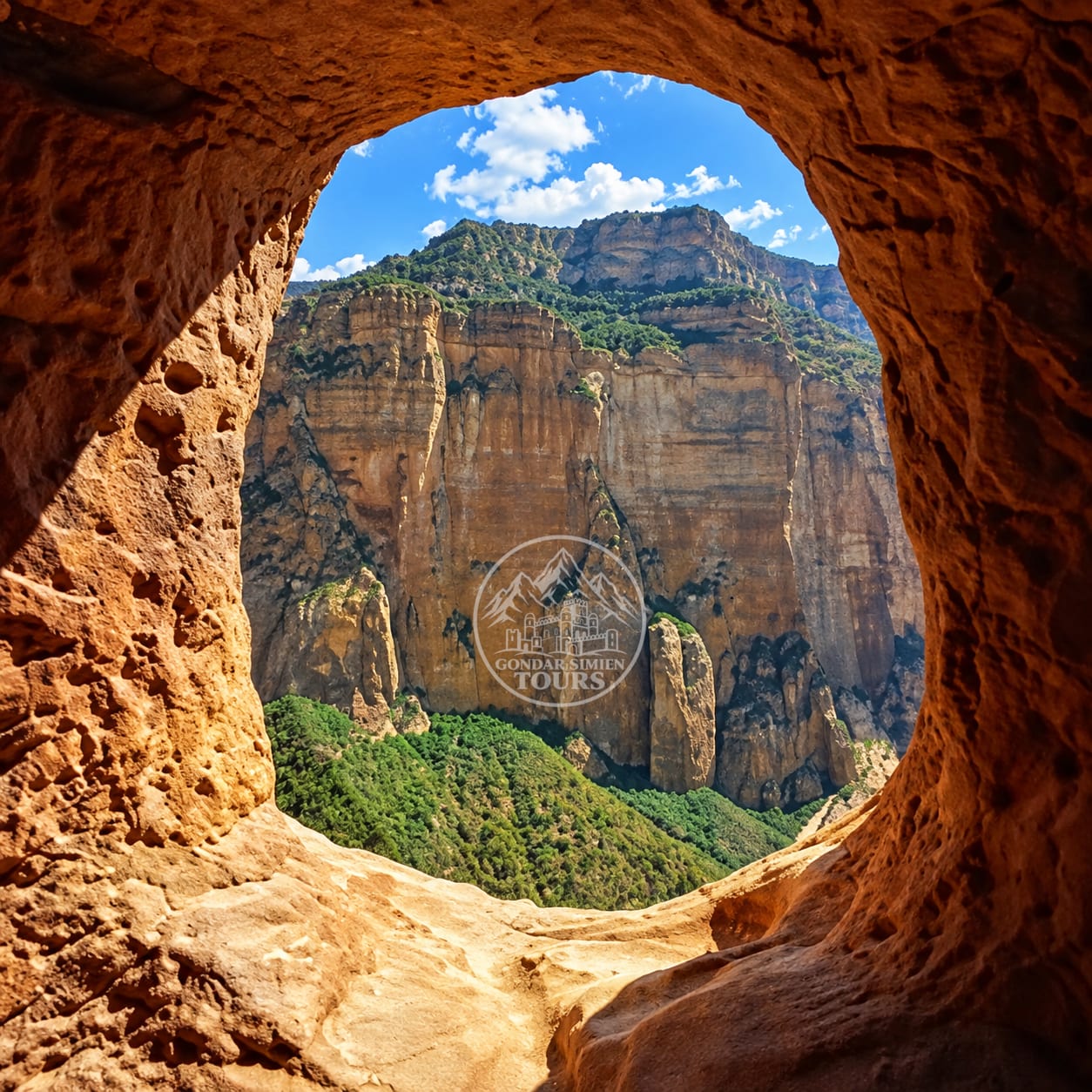 Acantilados de arenisca y formaciones rocosas en las montañas Gheralta de Tigray