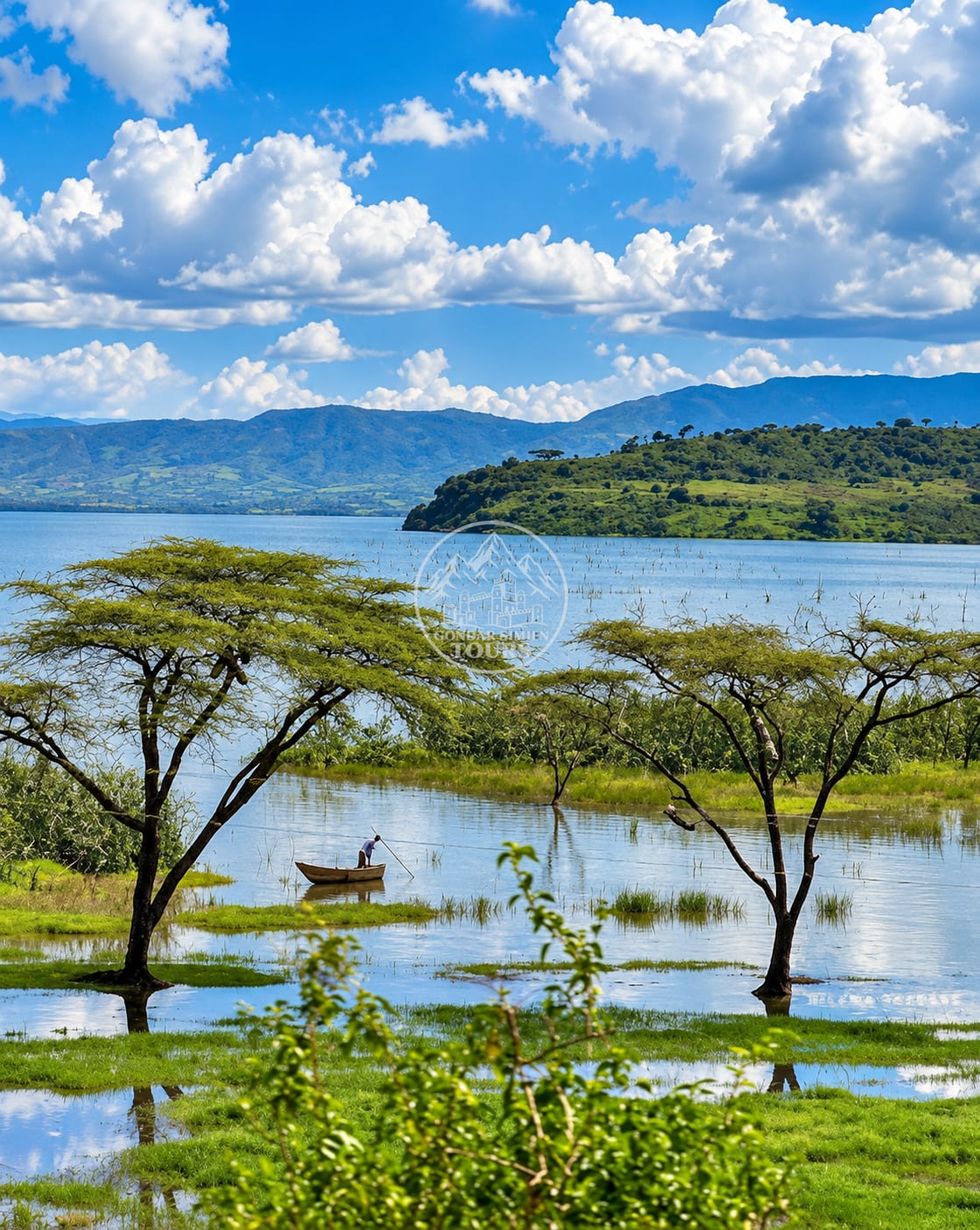 Open water and shoreline on Lake Chamo
