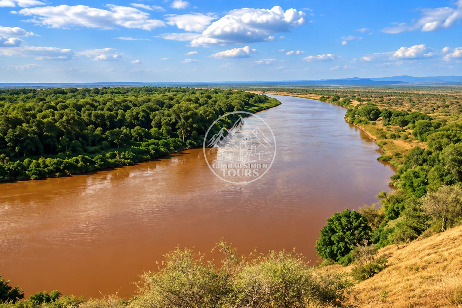 Wide river corridor and banks along the Omo River