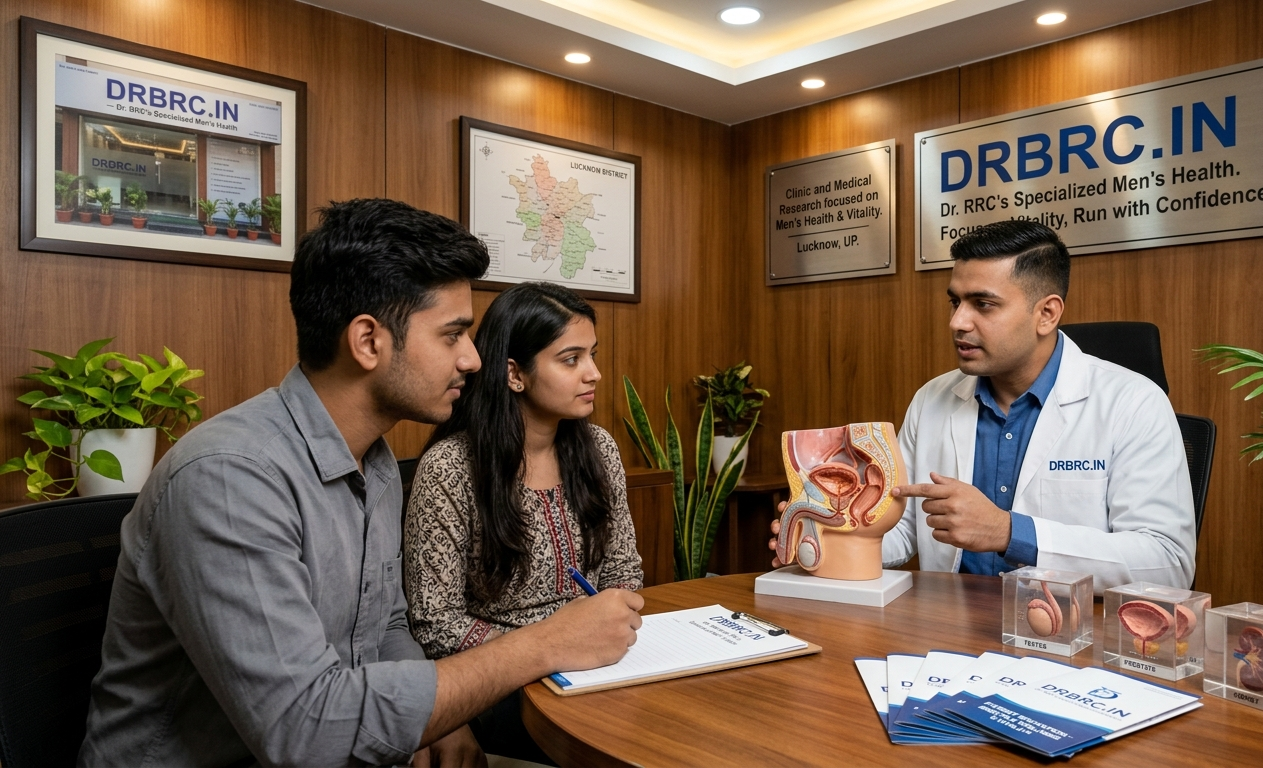 Young doctor discussing prostate and erectile health models with a couple during a private clinical consultation.