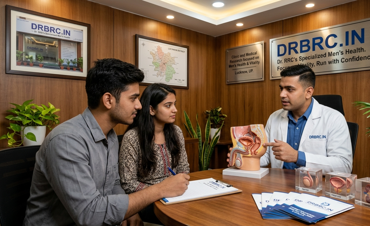 Young doctor presenting a male wellness Q&A seminar with interactive digital displays at DRBRC.IN clinic.