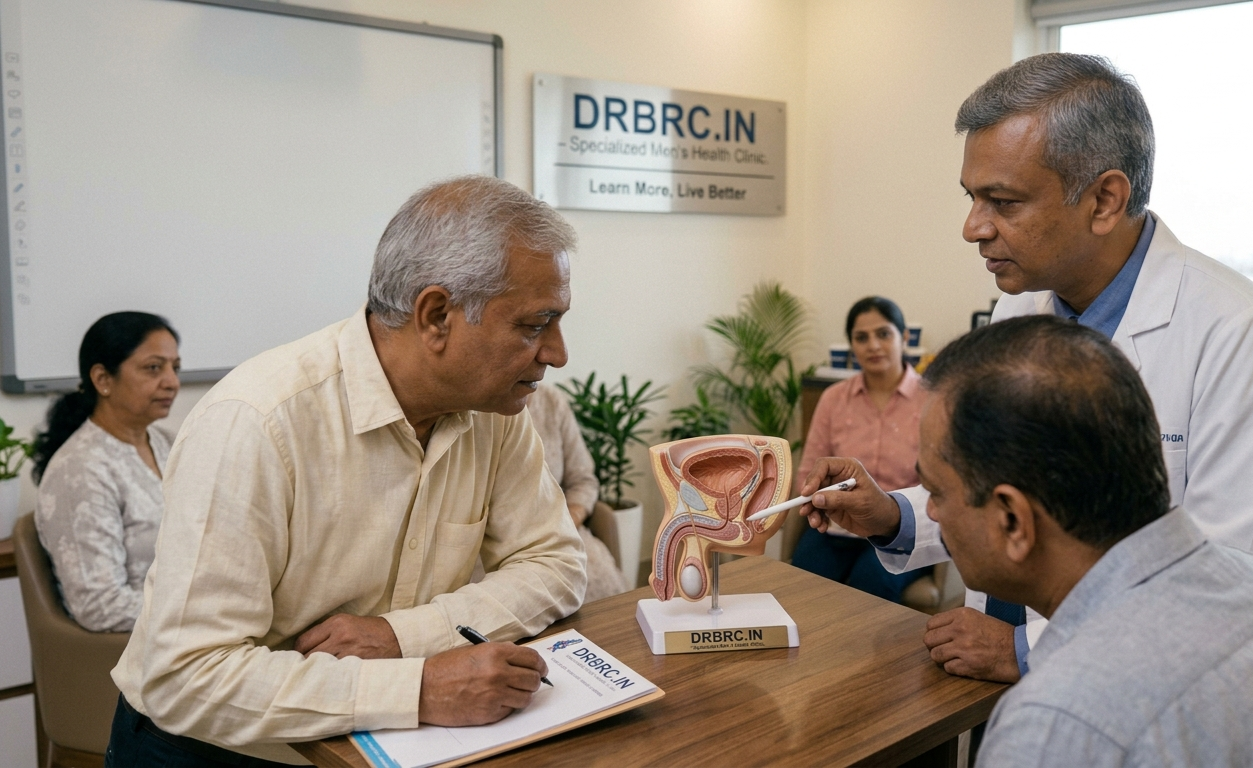 Interactive men's health workshop hosted by a young doctor explaining vitality solutions to a small group.