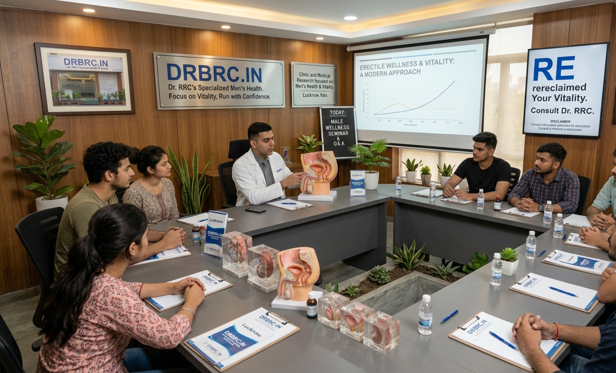 Specialized men's health consultation with a young doctor pointing at an anatomical diagram for a male patient and partner.