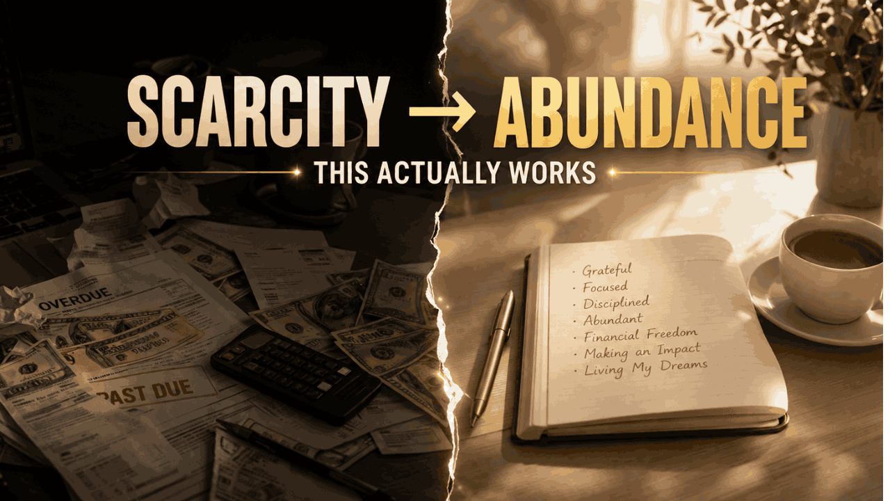 Split image showing scarcity to abundance mindset shift through money manifestation