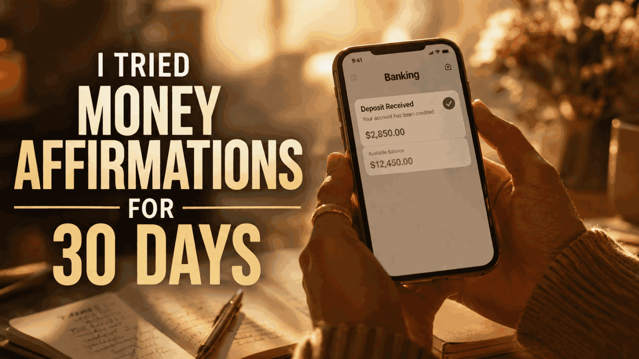 Hands holding phone with bank notification after practicing money manifestation affirmations