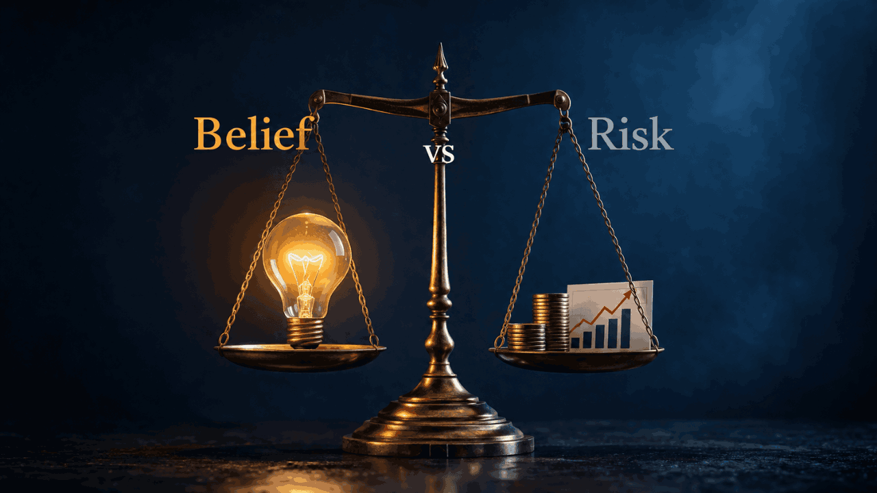 Balance scale showing belief versus financial risk in manifestation psychology