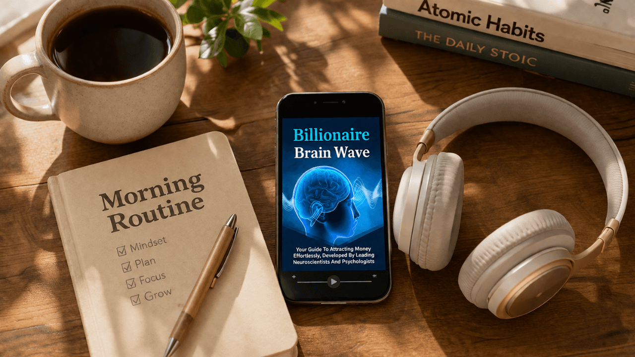 Headphones and smartphone on desk for daily theta audio listening routine