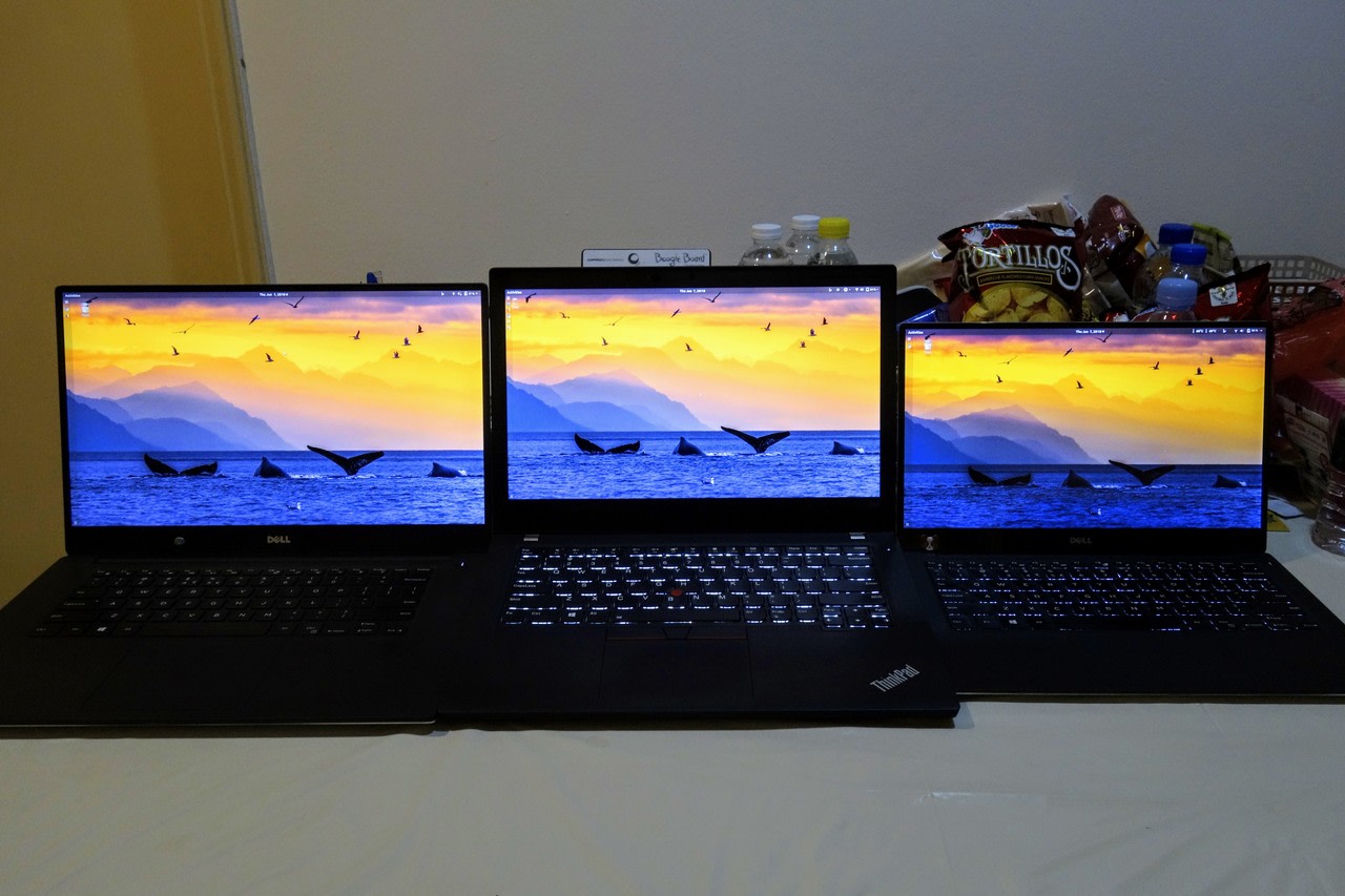 The XPS 15 9560, Thinkpad T480, and XPS 13 9343 side by side