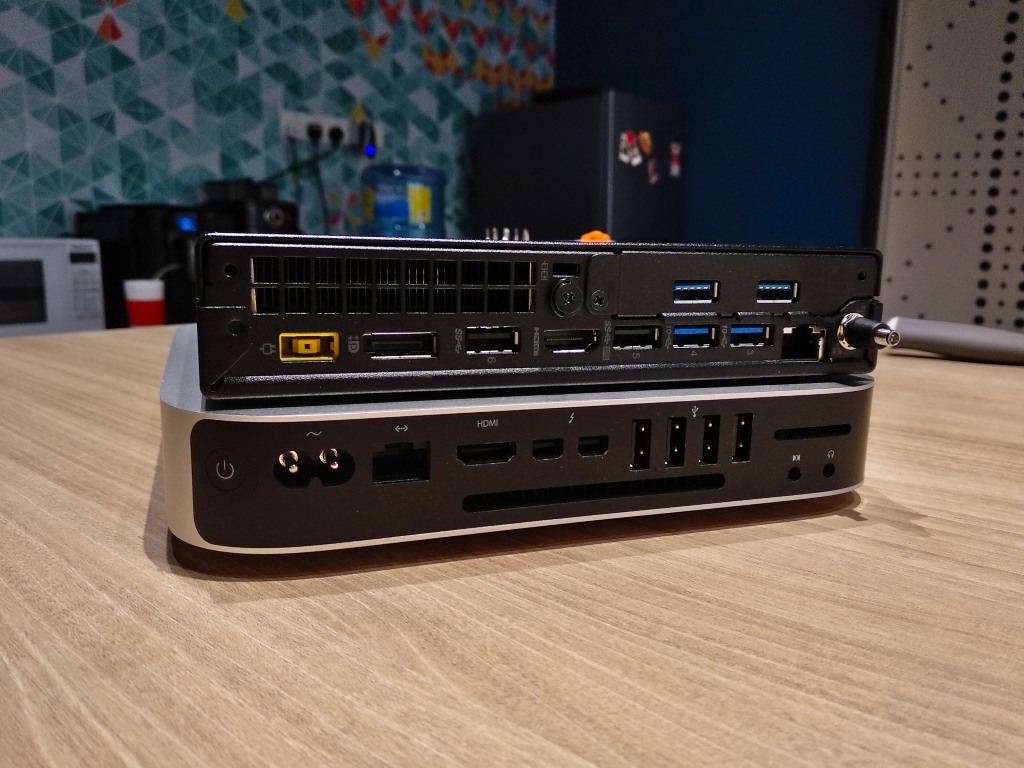 ThinkCentre Tiny on top of the Mac Mini