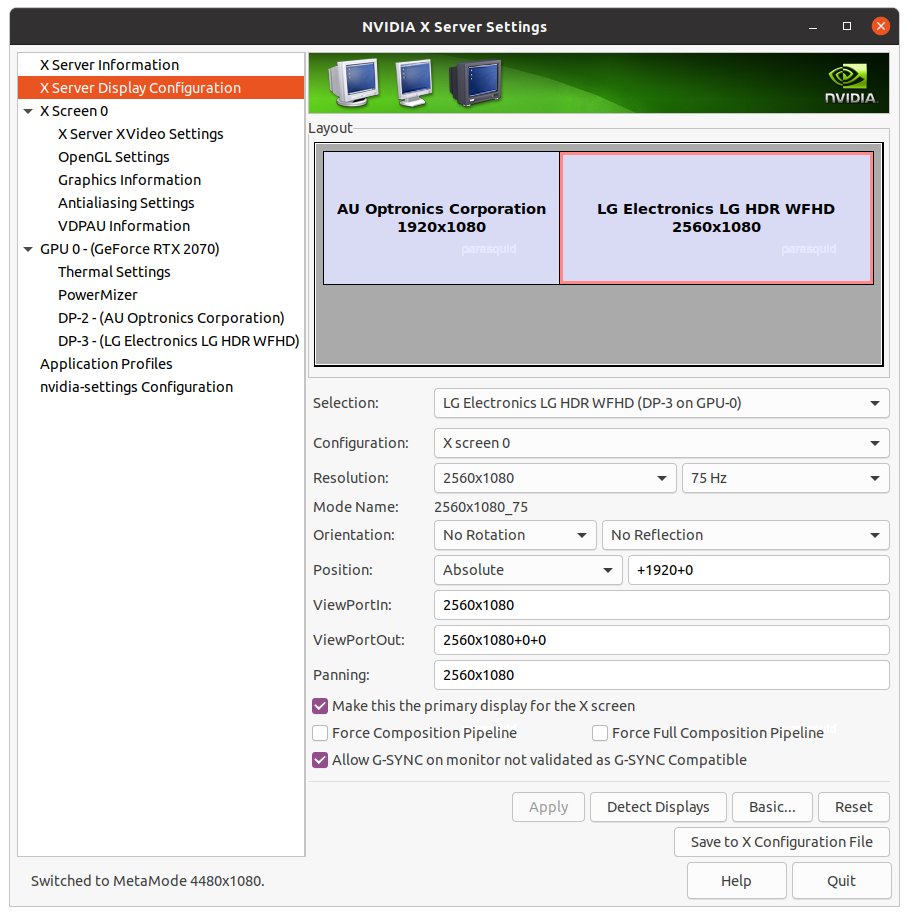 screenshot of the nvidia x server settings window