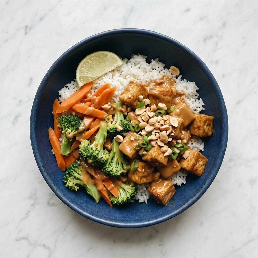 Peanut Tofu Rice Bowls with Carrots & Broccoli