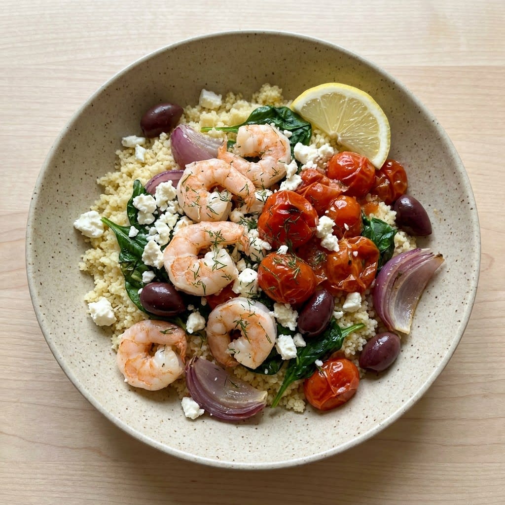 Sheet Pan Greek Shrimp with Blistered Tomatoes, Feta & Lemon Couscous