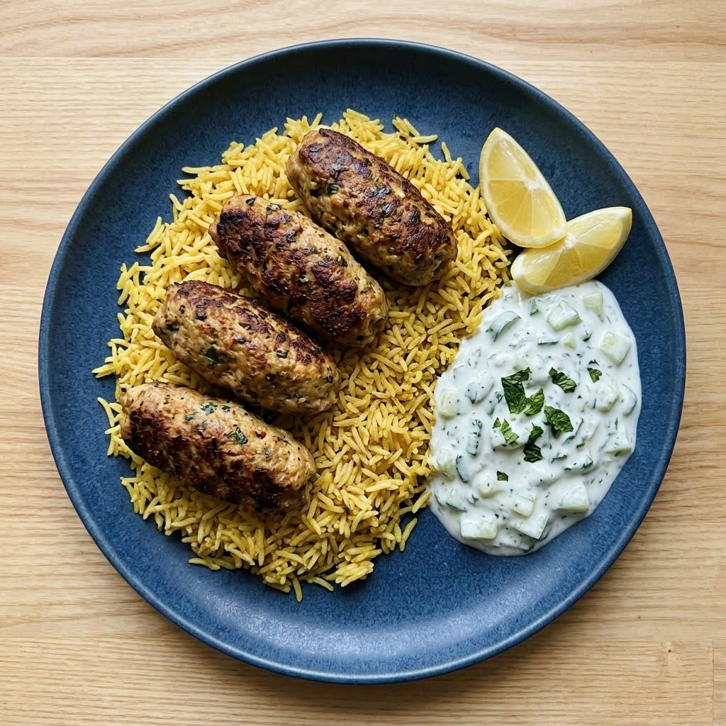 Chicken Kofta with Turmeric Rice & Cucumber-Mint Raita